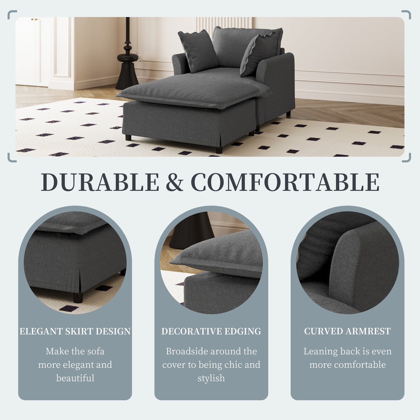 Chaise Lounge,Chenille Single Sofa Bed With Wide Seat,Upholstered Lazy Sleeper Armchair With Movable Ottoman,Reading Couch Set
