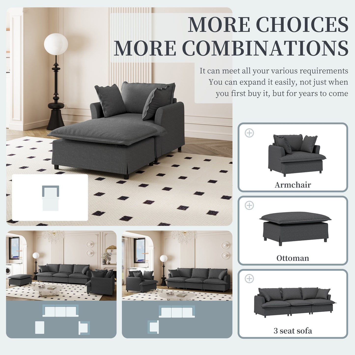 Chaise Lounge,Chenille Single Sofa Bed With Wide Seat,Upholstered Lazy Sleeper Armchair With Movable Ottoman,Reading Couch Set