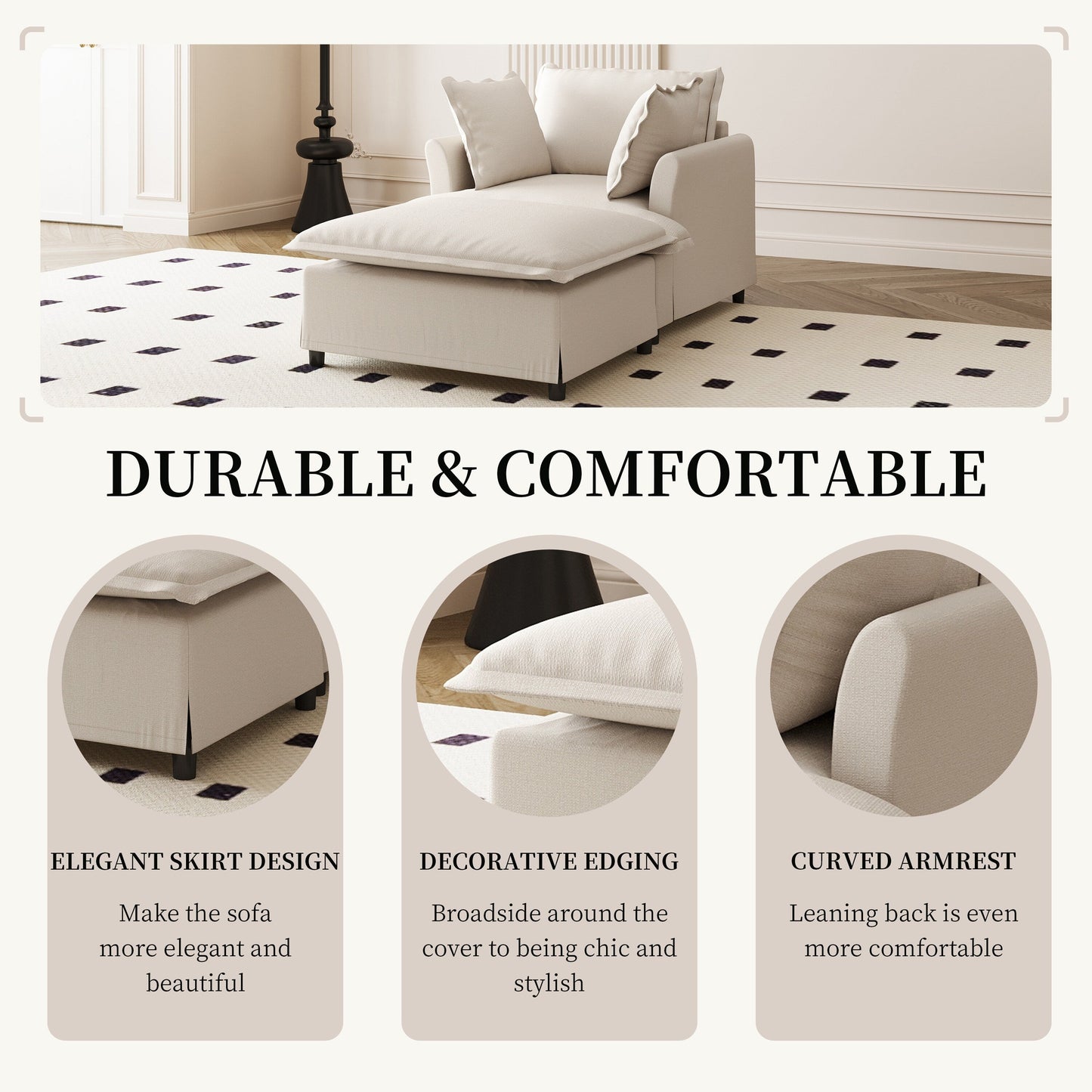 Chaise Lounge,Chenille Single Sofa Bed With Wide Seat,Upholstered Lazy Sleeper Armchair With Movable Ottoman,Reading Couch Set