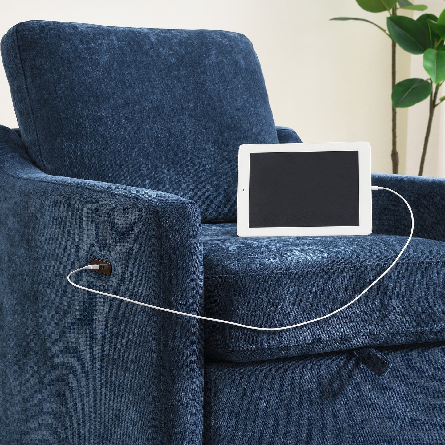 Chenille Swivel Accent Chair - USB/Type-C Charging Armchair with Book Pocket for Living Room & Bedroom