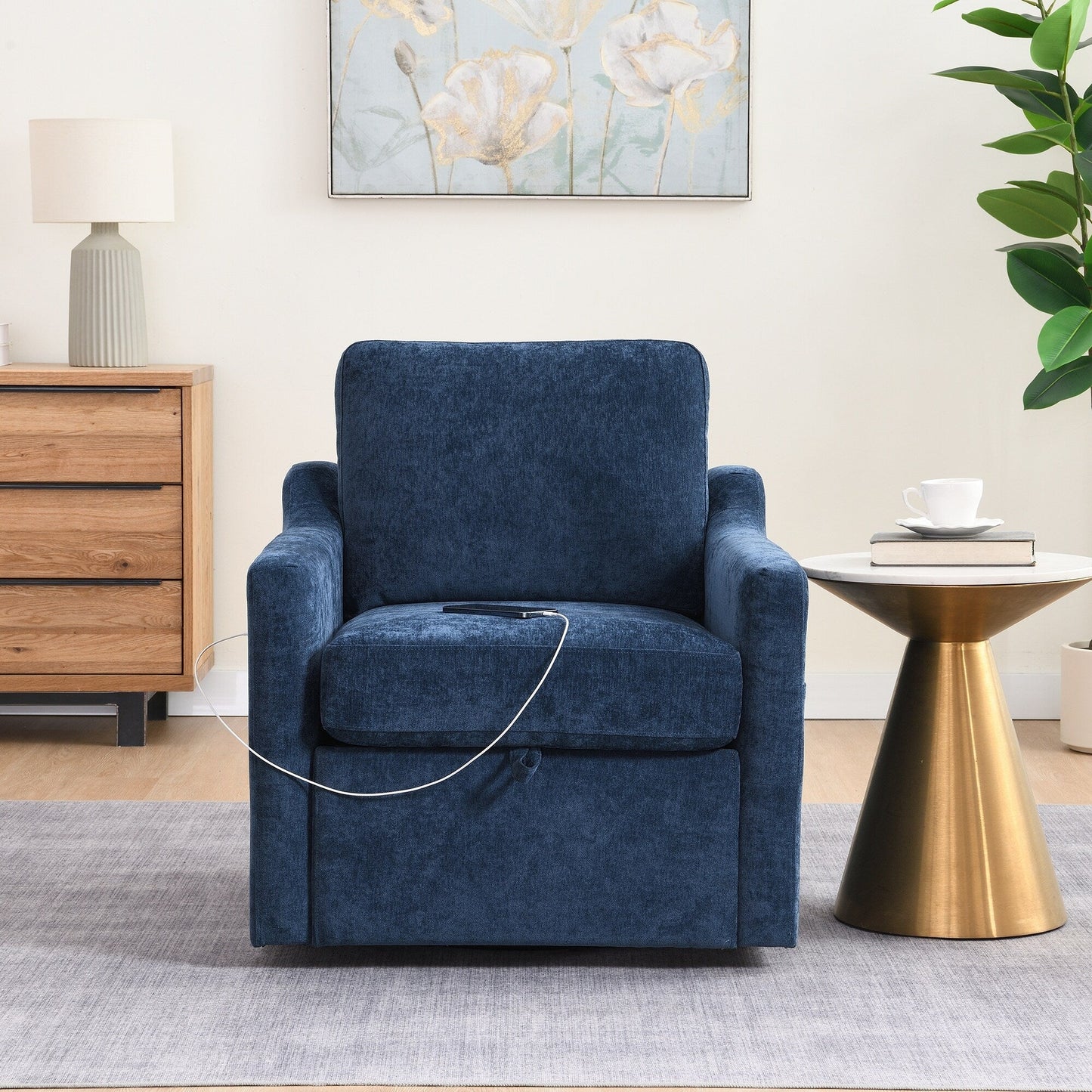 Chenille Swivel Accent Chair - USB/Type-C Charging Armchair with Book Pocket for Living Room & Bedroom