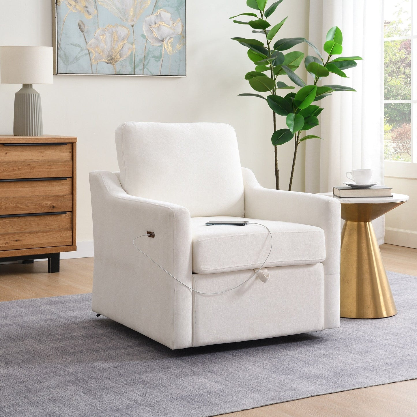 Chenille Swivel Accent Chair - USB/Type-C Charging Armchair with Book Pocket for Living Room & Bedroom