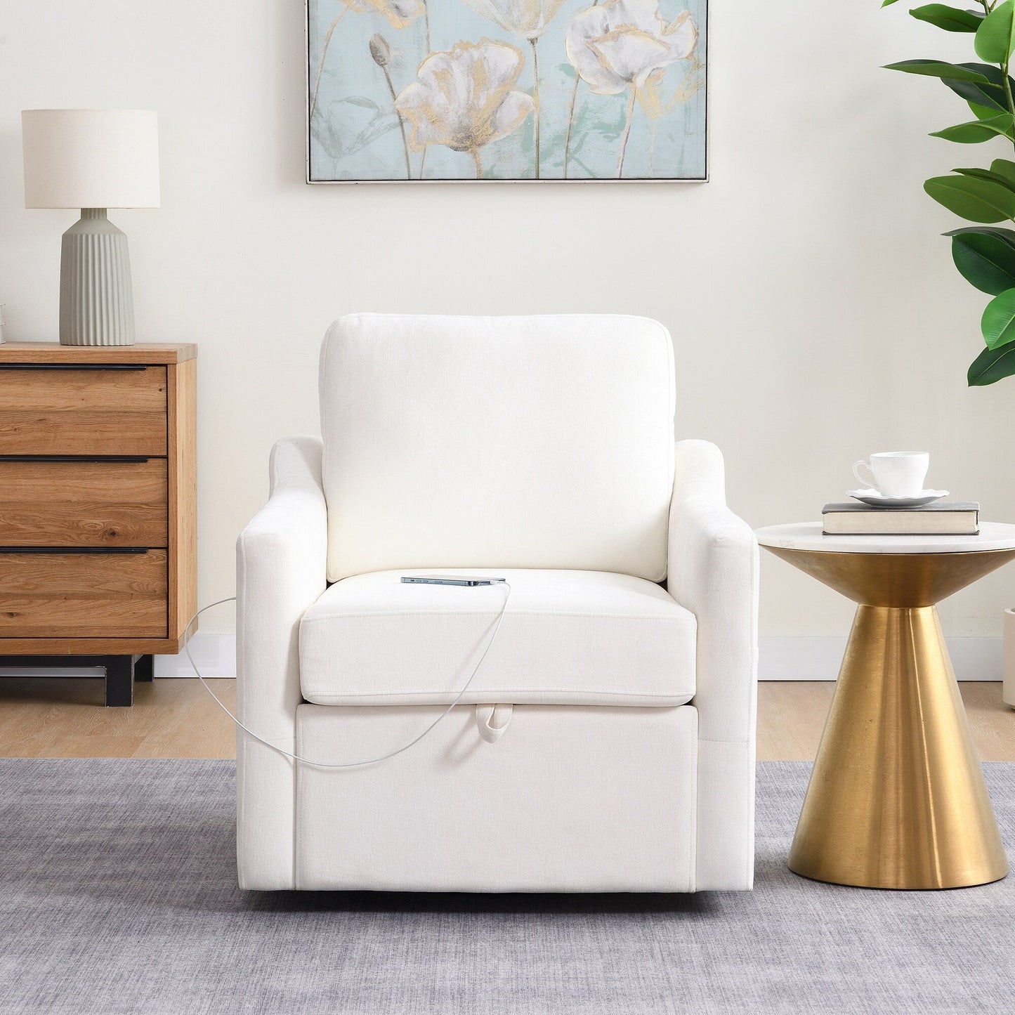 Chenille Swivel Accent Chair - USB/Type-C Charging Armchair with Book Pocket for Living Room & Bedroom