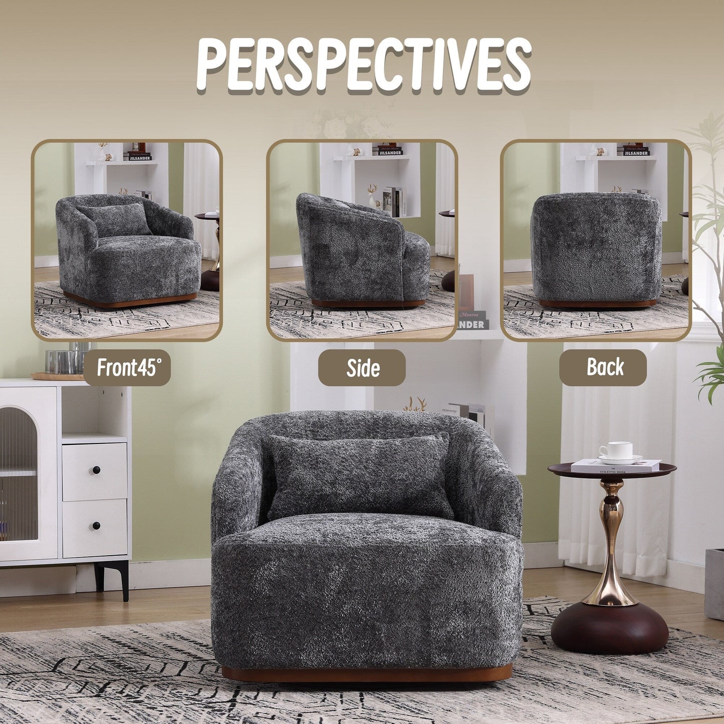 Chenille Swivel Barrel Chair with 360° Rotation, Comfortable Accent Sofa Chair for Living Room, Study Room, or Lounge
