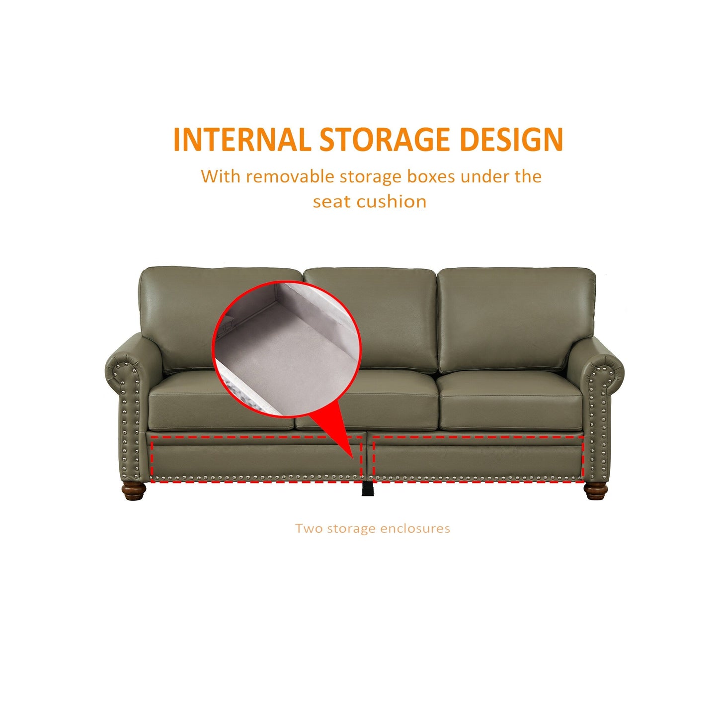 Classic 83 PU Leather Upholstered 3-Seater Sofa with Bottom Storage Box and Nailhead Decoration