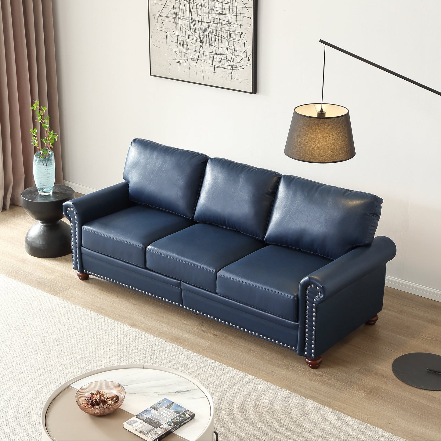 Classic 83 PU Leather Upholstered 3-Seater Sofa with Bottom Storage Box and Nailhead Decoration