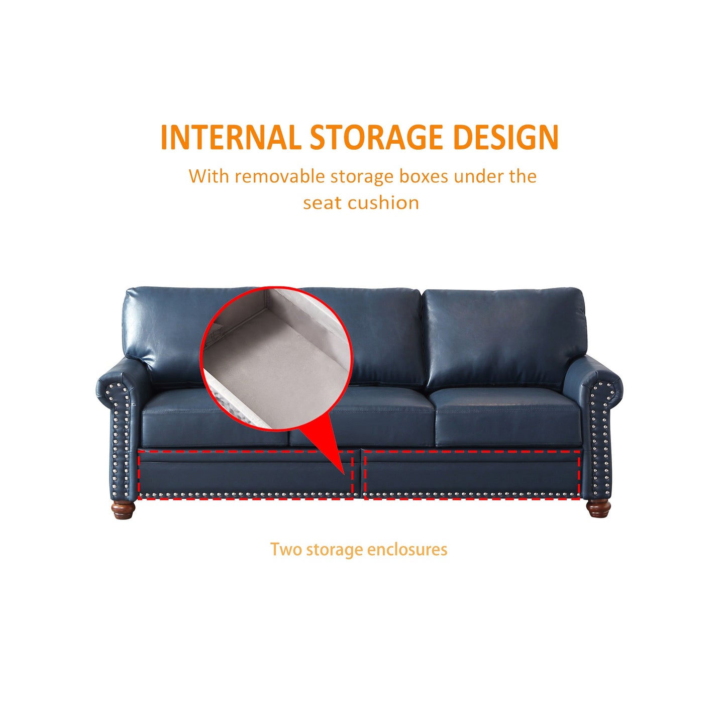 Classic 83 PU Leather Upholstered 3-Seater Sofa with Bottom Storage Box and Nailhead Decoration