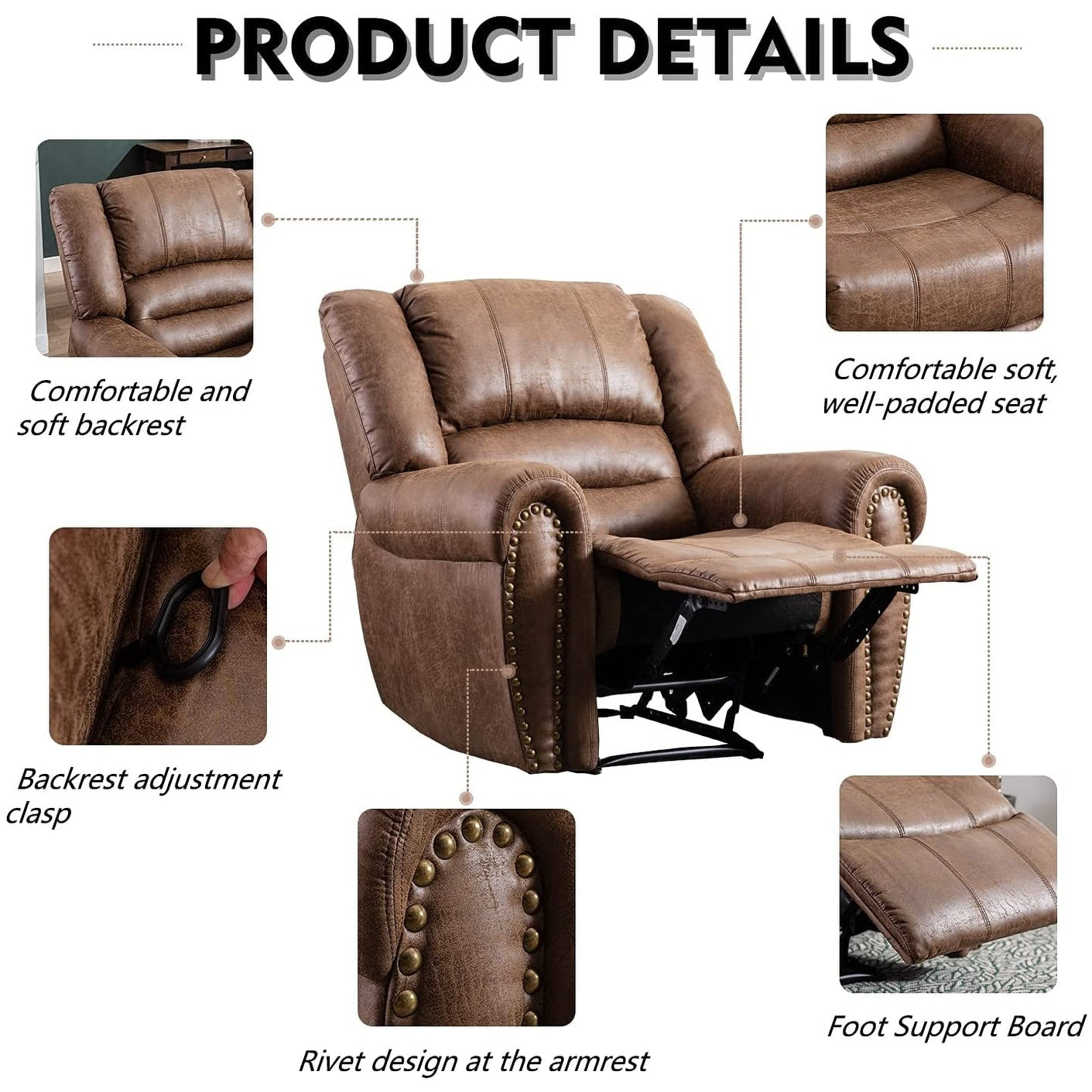 Classic and Traditional Manual Recliner Chair with Comfortable Arms and Back
