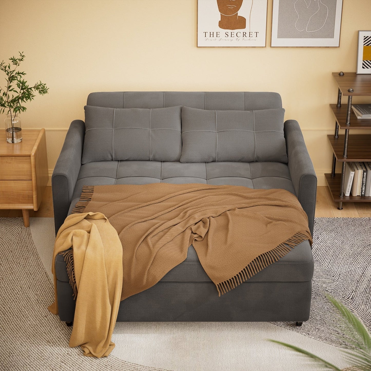 3-in-1 Convertible Sofa Bed Lounger Chaise Loveseat with Pull-up Bed, Velvet / cloth