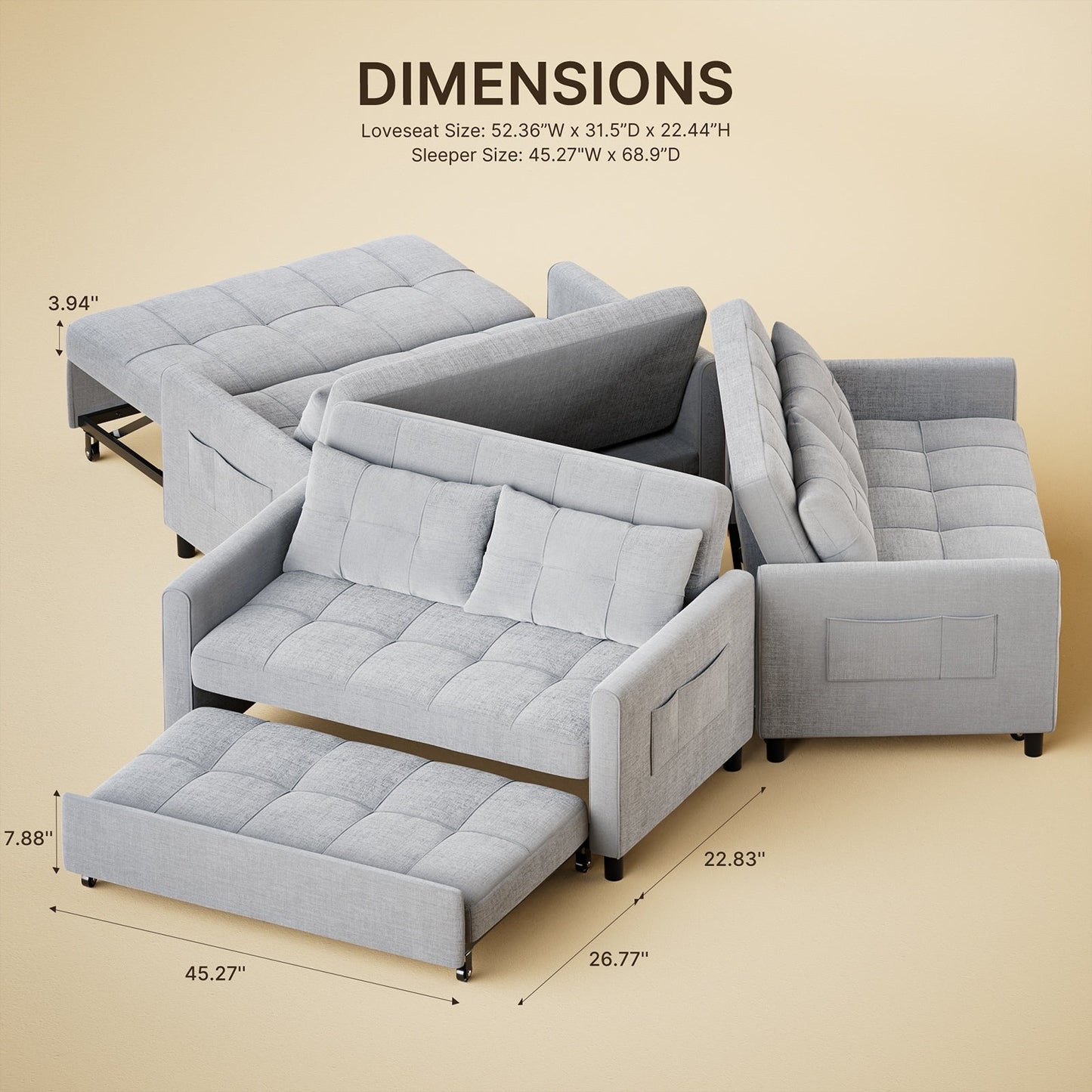 3-in-1 Convertible Sofa Bed Lounger Chaise Loveseat with Pull-up Bed, Velvet / cloth