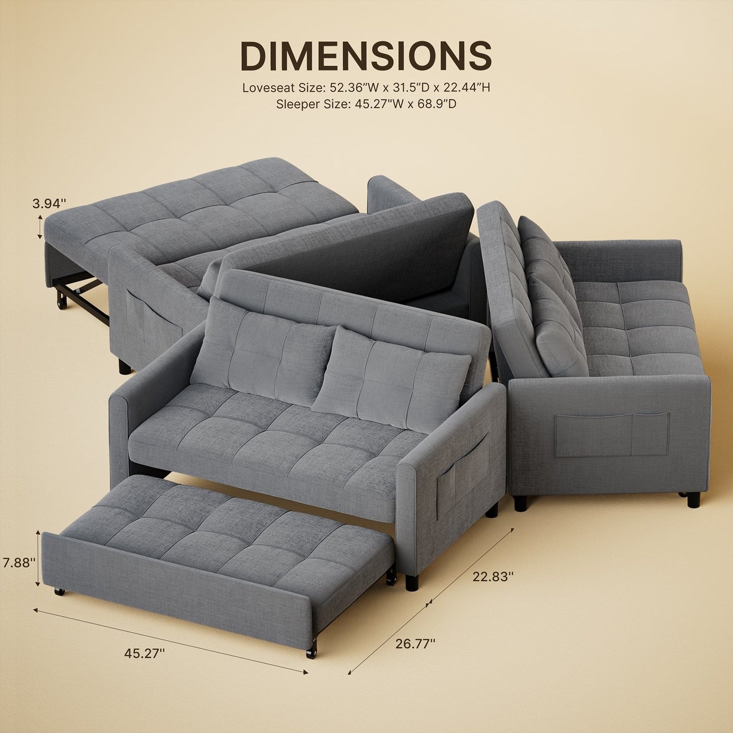 3-in-1 Convertible Sofa Bed Lounger Chaise Loveseat with Pull-up Bed, Velvet / cloth