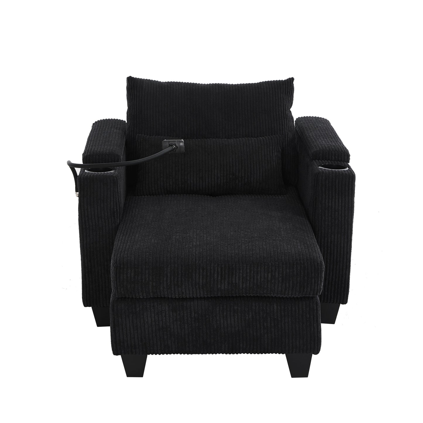 Convertible Chaise Lounge 37.4 Sofa Chair Sofa Bed Corduroy Sleeper Sofa with USB Ports, Two Cup Holders