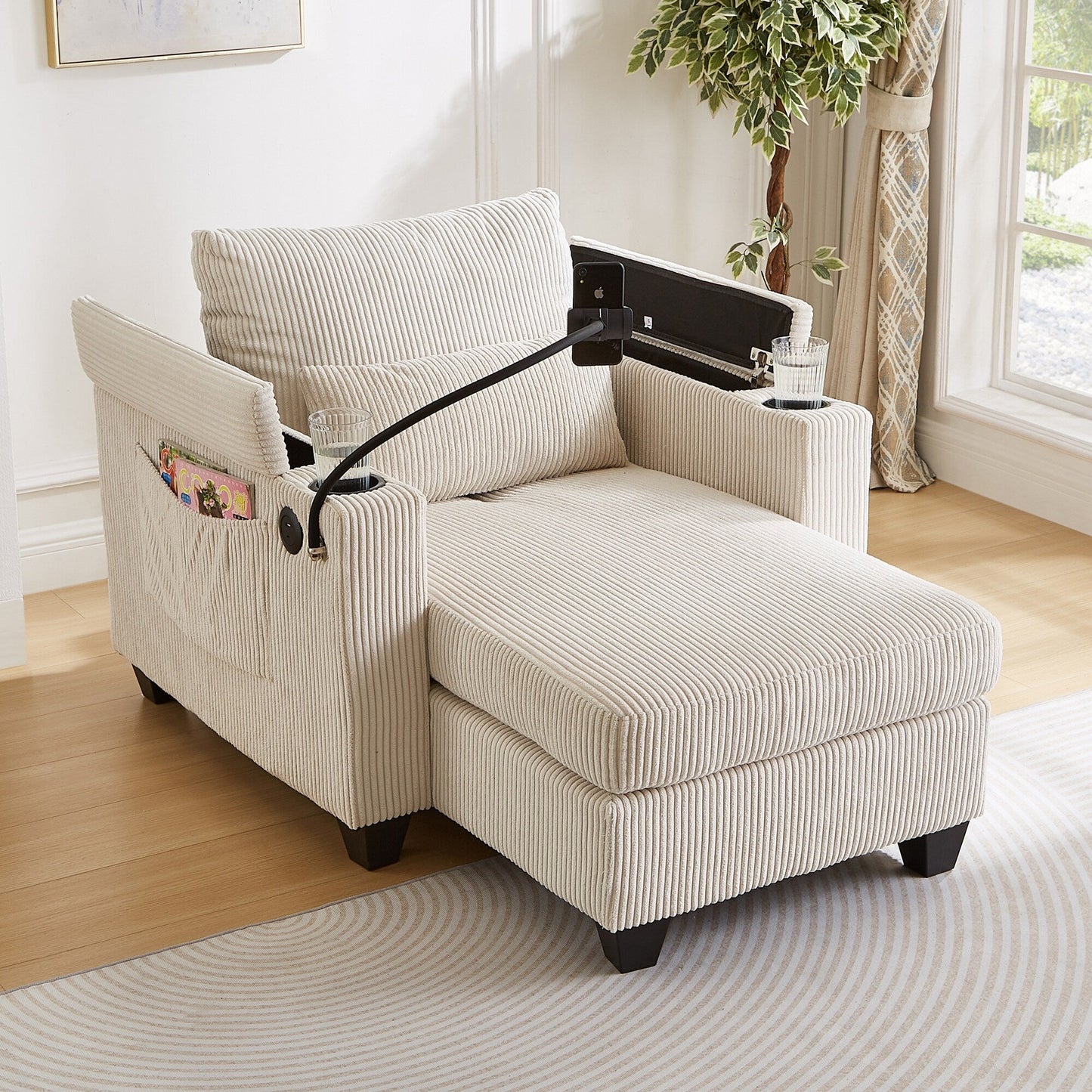 Convertible Chaise Lounge 37.4 Sofa Chair Sofa Bed Corduroy Sleeper Sofa with USB Ports, Two Cup Holders