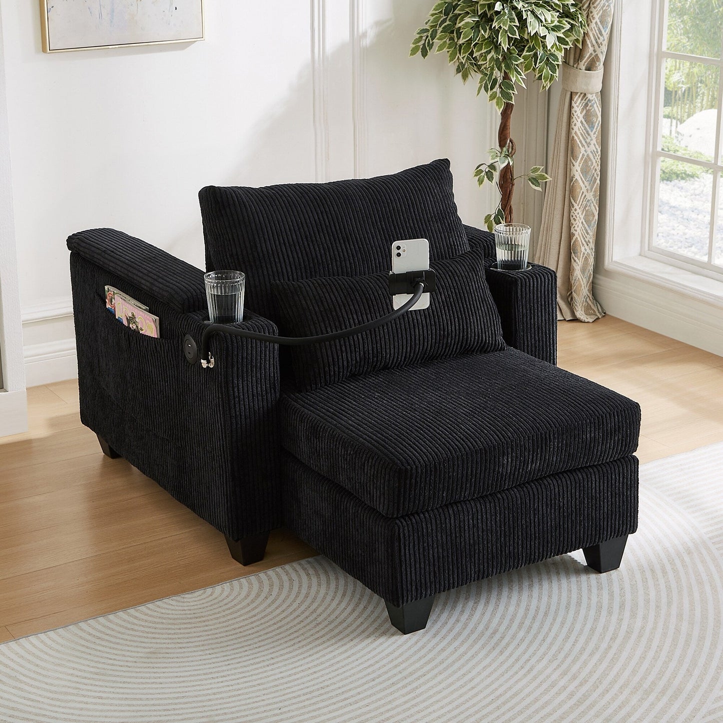 Convertible Chaise Lounge 37.4 Sofa Chair Sofa Bed Corduroy Sleeper Sofa with USB Ports, Two Cup Holders