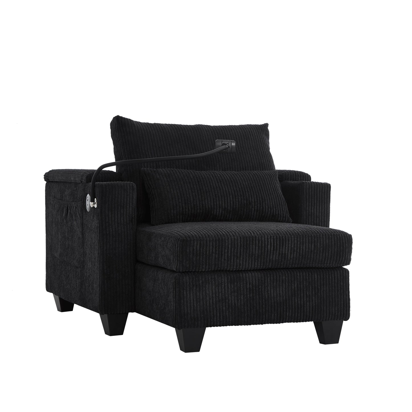 Convertible Chaise Lounge 37.4 Sofa Chair Sofa Bed Corduroy Sleeper Sofa with USB Ports, Two Cup Holders