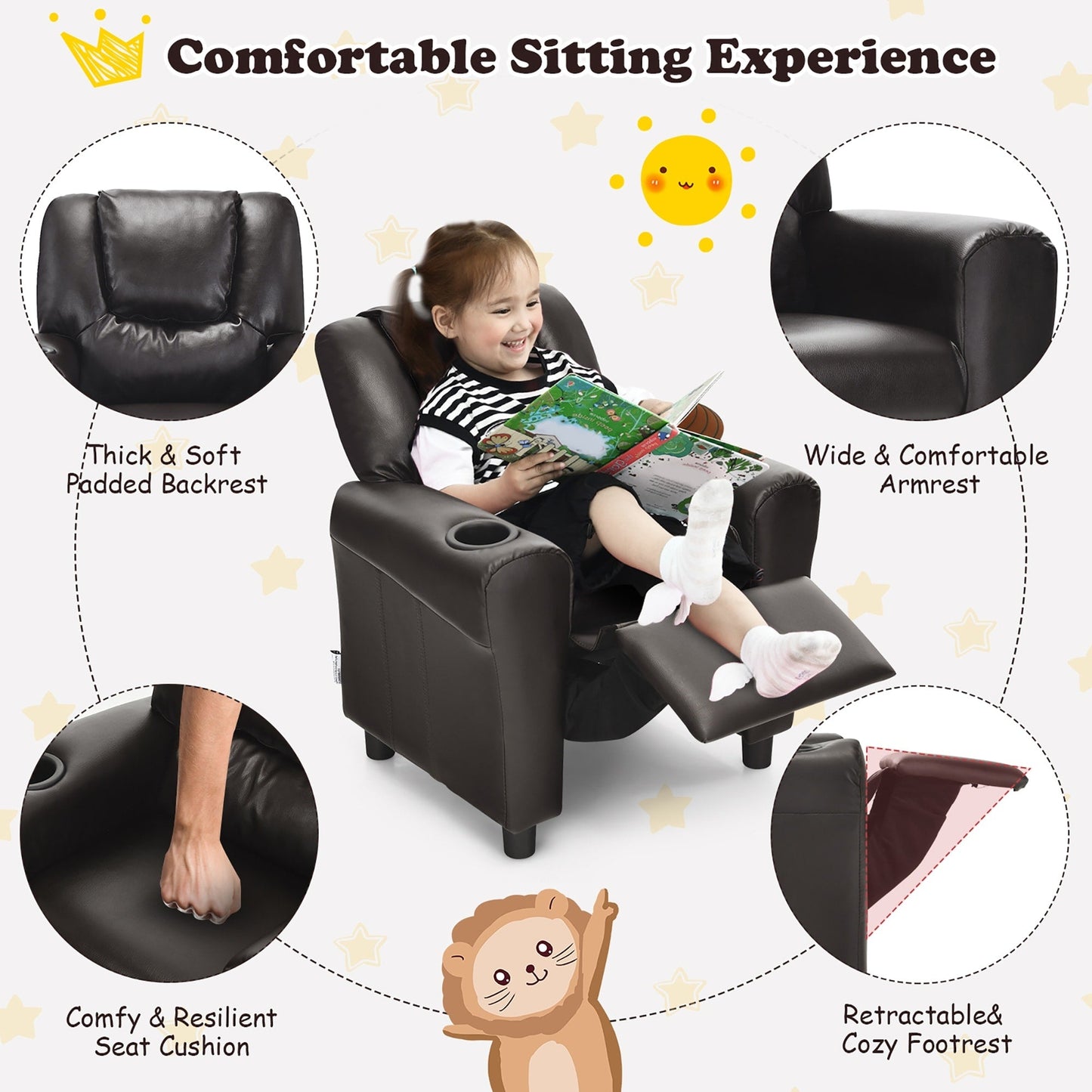 Costway Kids Recliner Chair PU Leather Armrest Sofa w/Footrest Cup