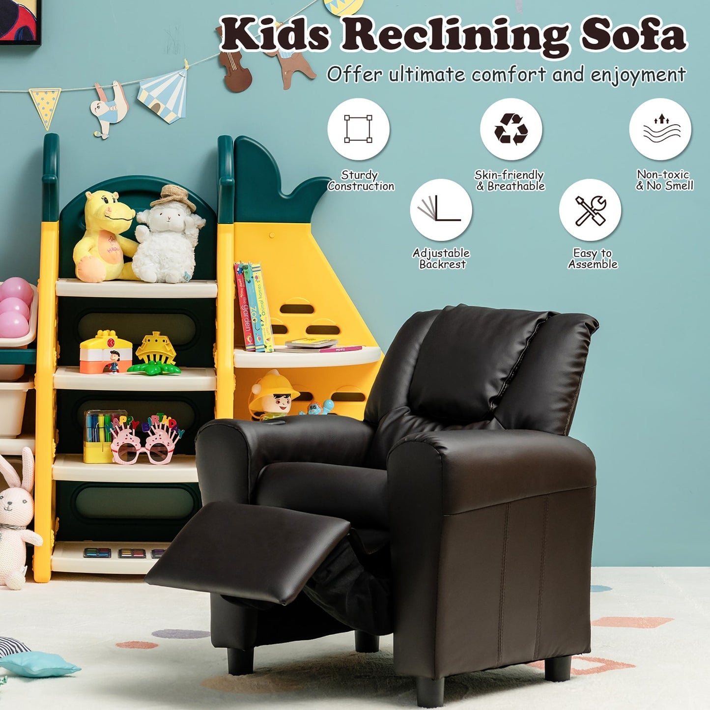 Costway Kids Recliner Chair PU Leather Armrest Sofa w/Footrest Cup