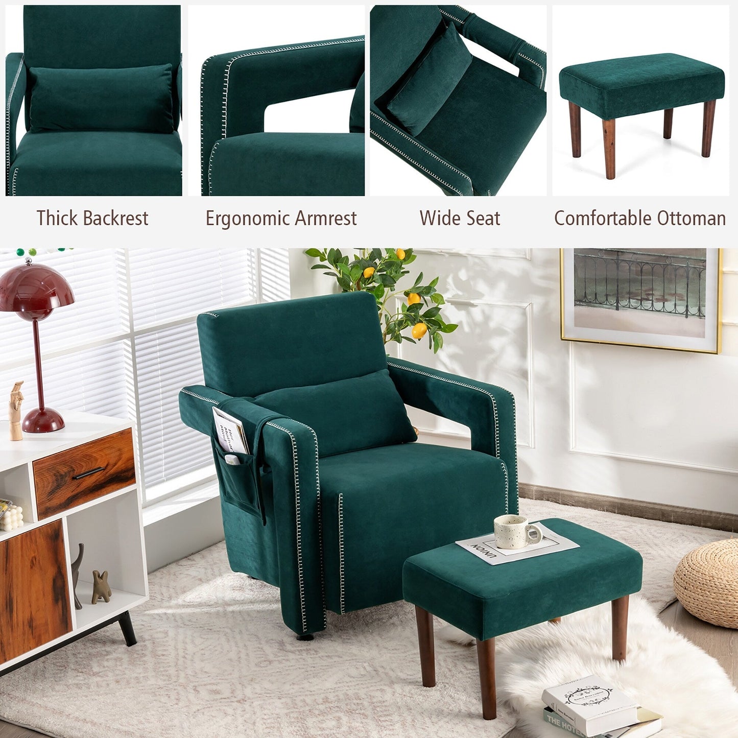 Costway Modern Berber Fleece Single Sofa Chair w/ Ottoman & Waist - 31'' x 31'' x 34.5''