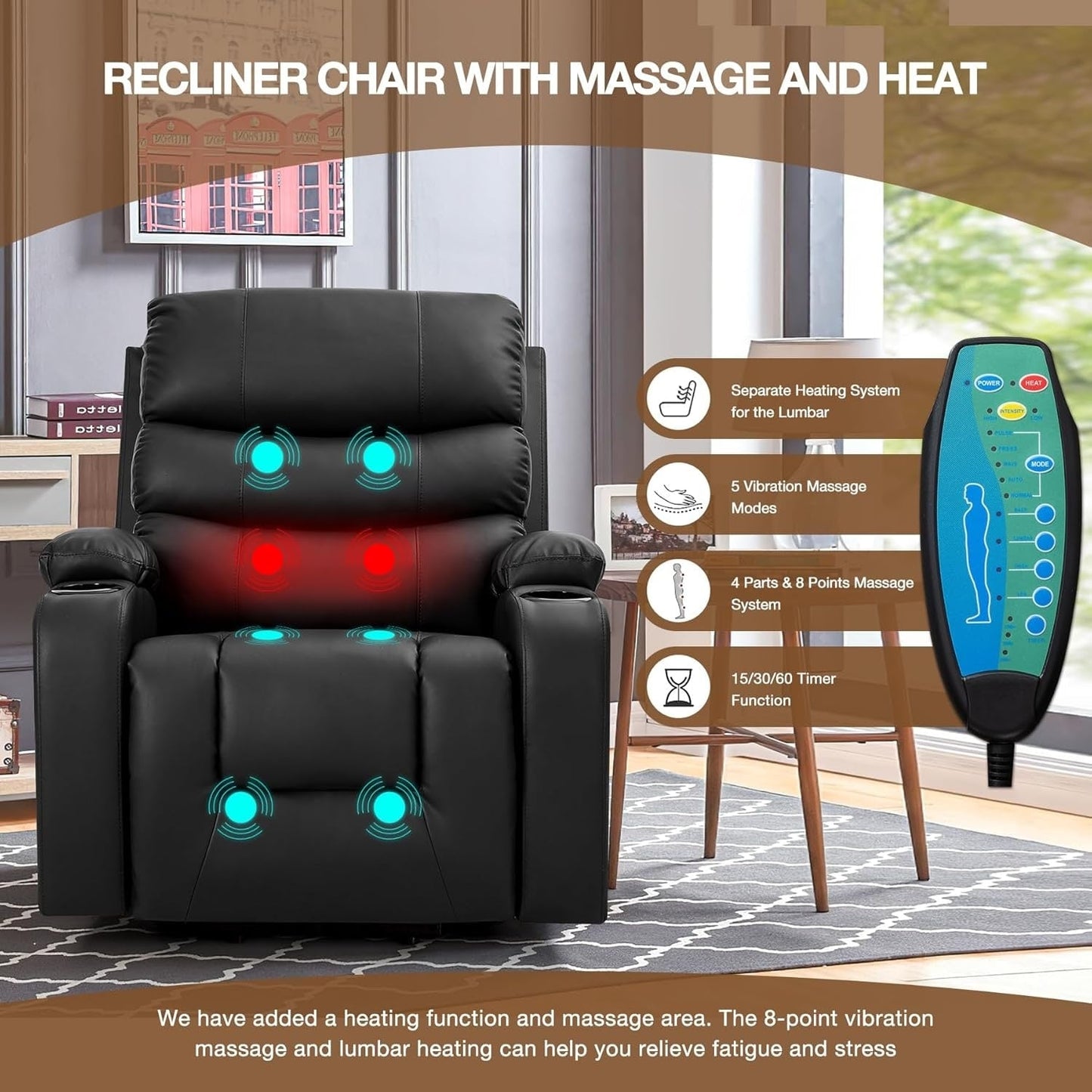 EROMMY Oversized Power Lift Recliner with Massage Heat – PU Leather Chair with Pockets, Cup Holders USB Port