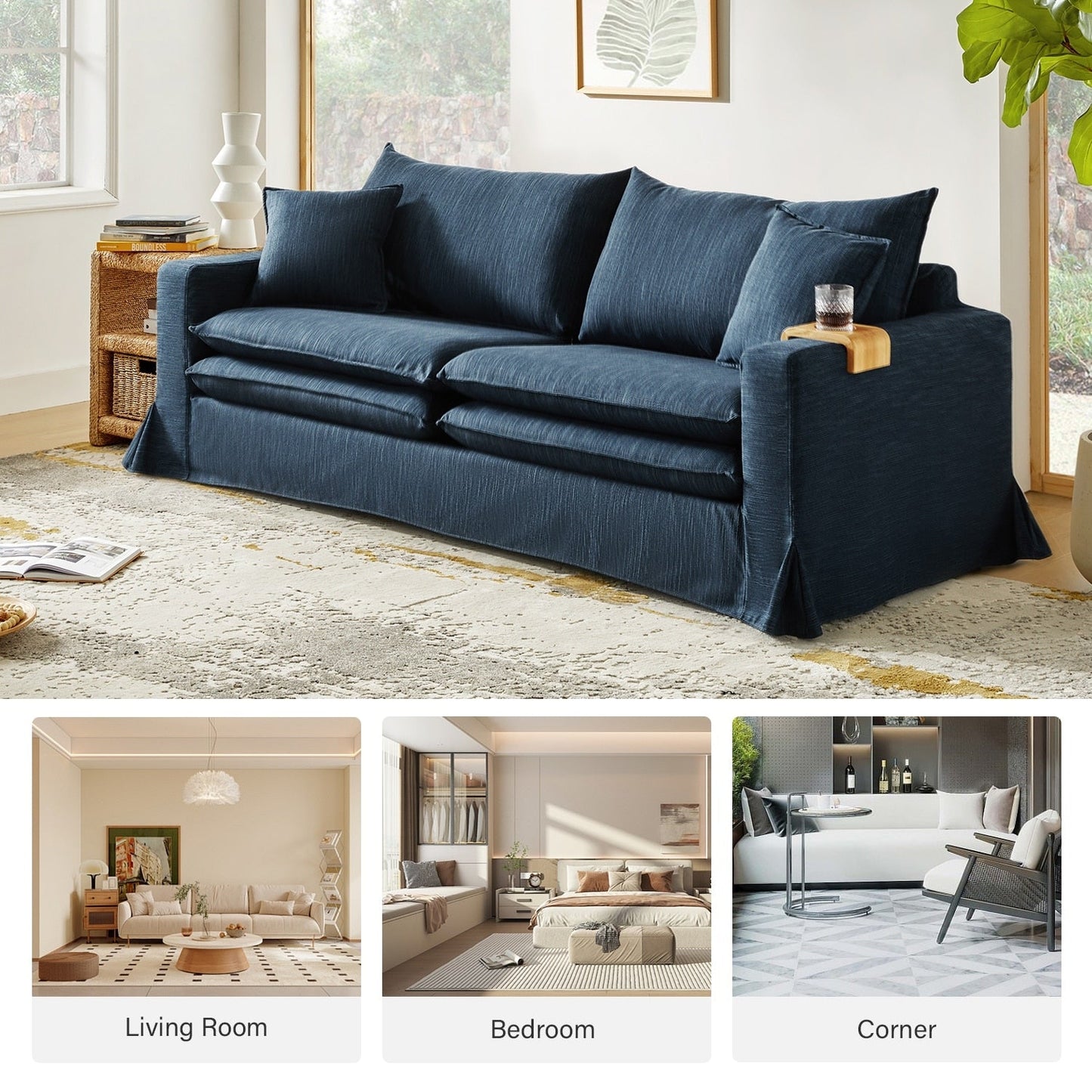 Elias Modern Slipcovered Sofa with Cup Holder and Reversible Cushions by HULALA HOME