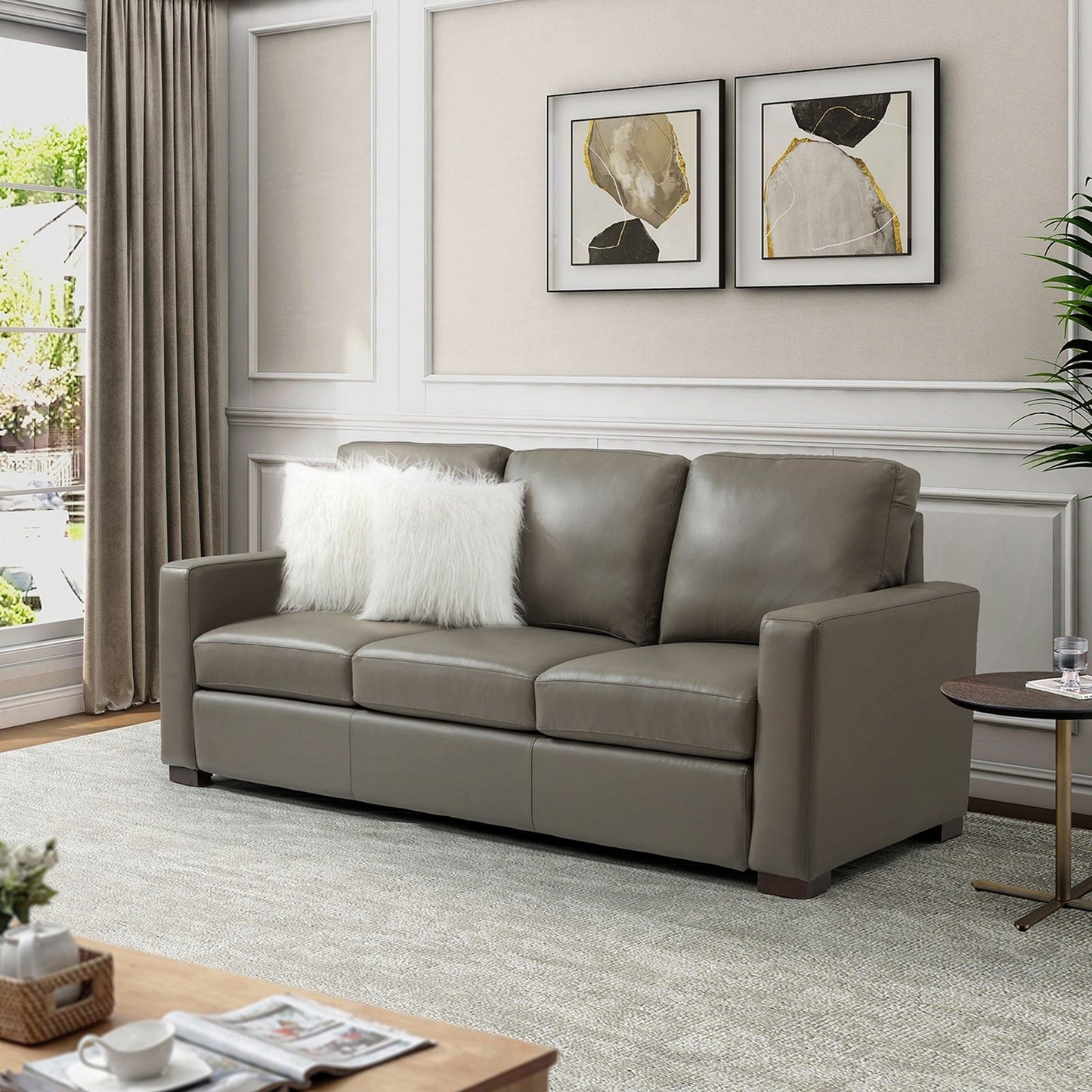 Ernando 83.46 Wide Genuine Leather Sofa with Squared Arms and Pillows