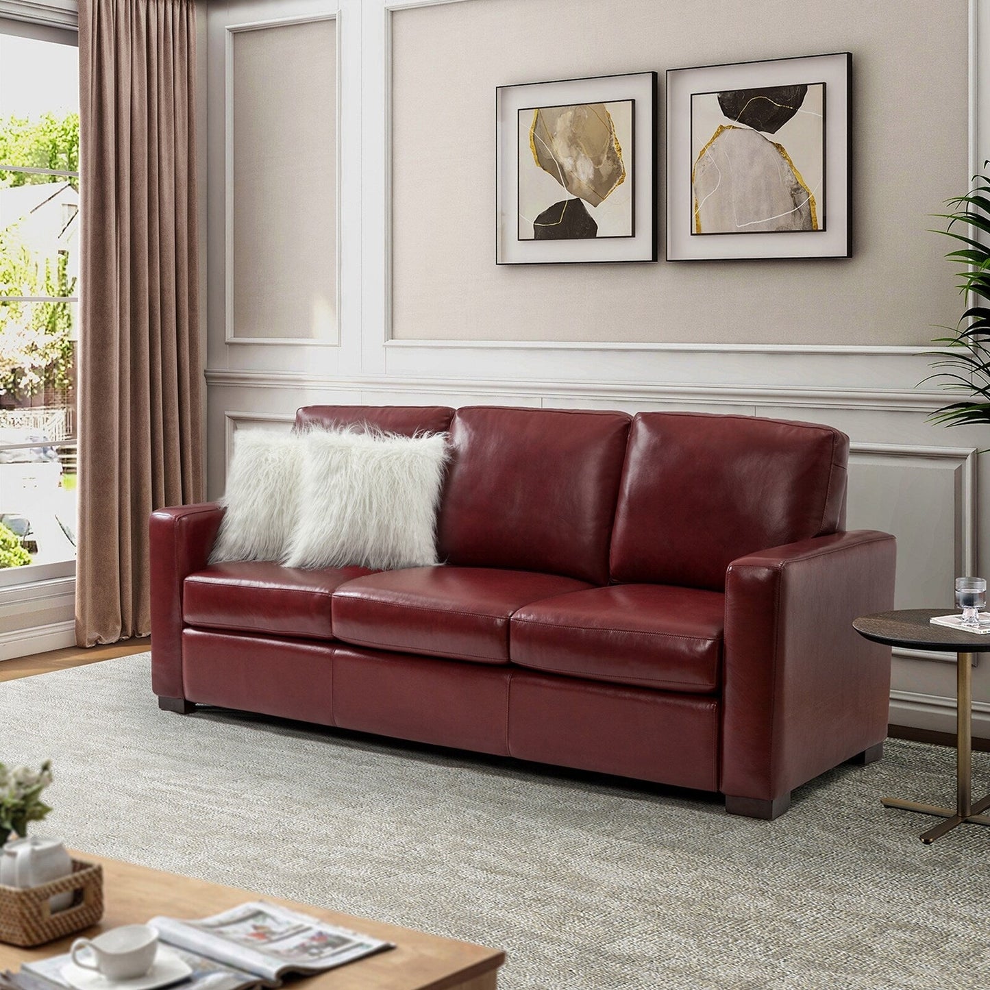Ernando 83.46 Wide Genuine Leather Sofa with Squared Arms and Pillows