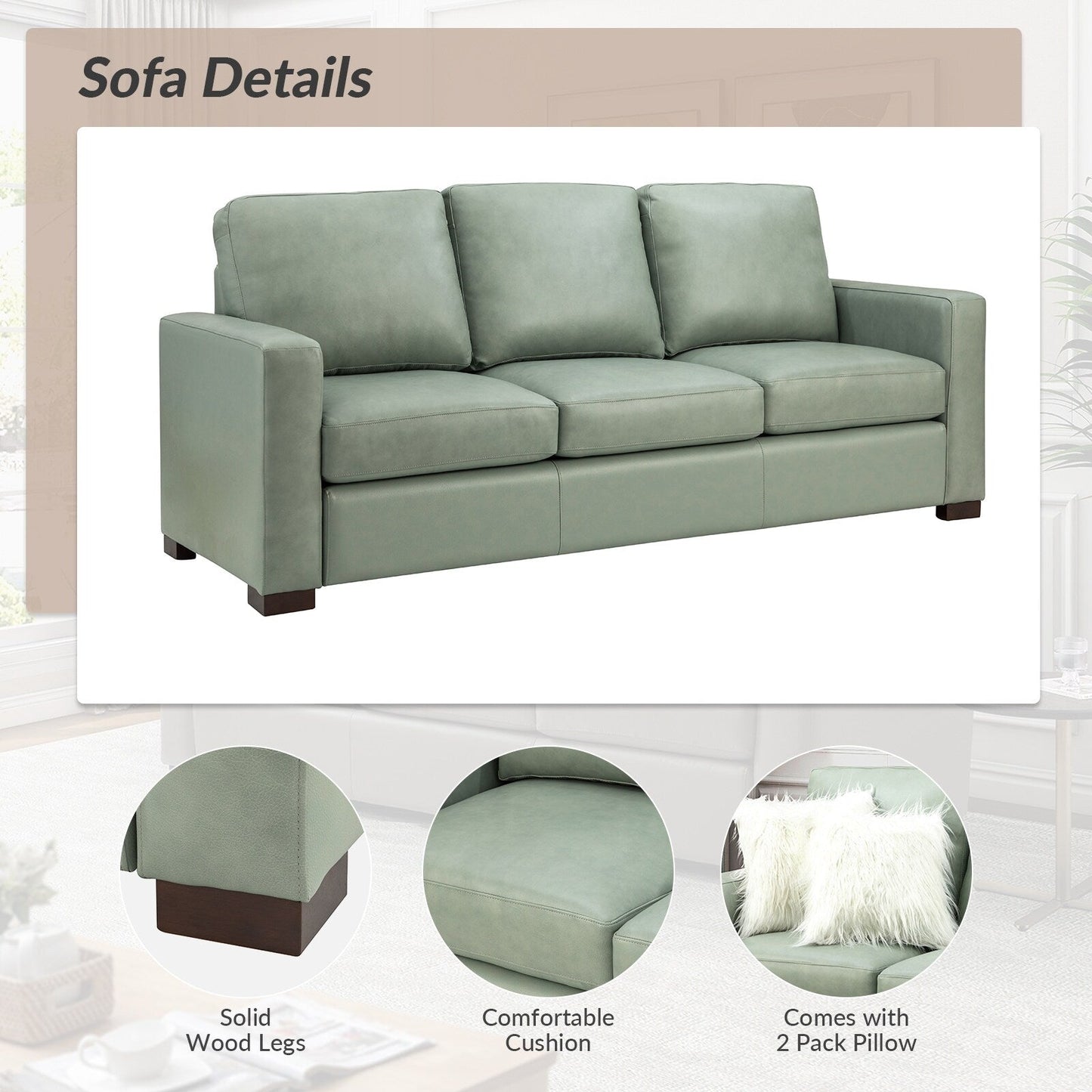 Ernando 83.46 Wide Genuine Leather Sofa with Squared Arms and Pillows