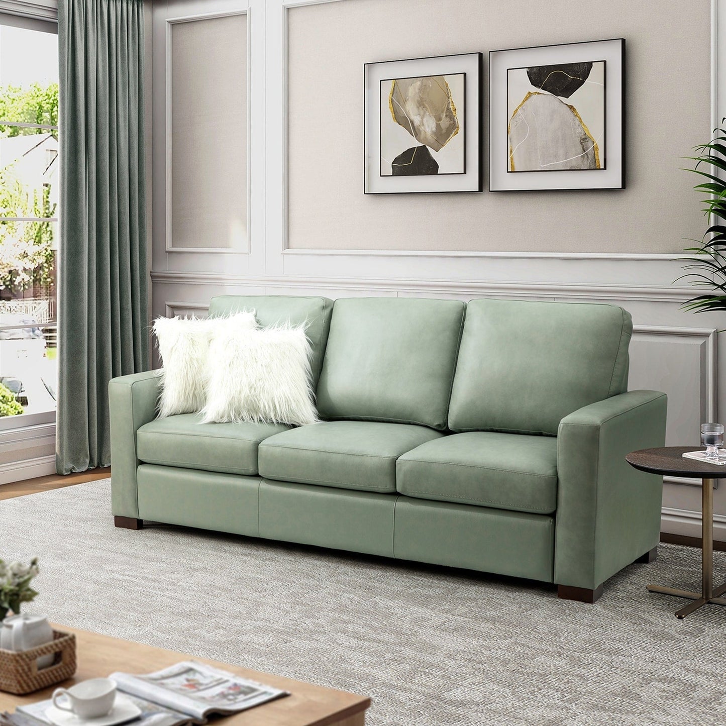 Ernando 83.46 Wide Genuine Leather Sofa with Squared Arms and Pillows