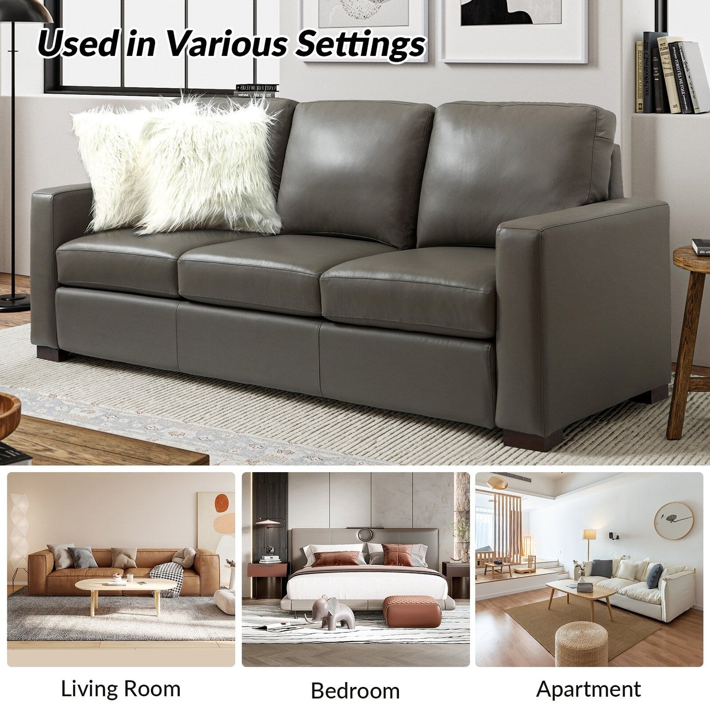Ernando 83.46 Wide Genuine Leather Sofa with Squared Arms and Pillows