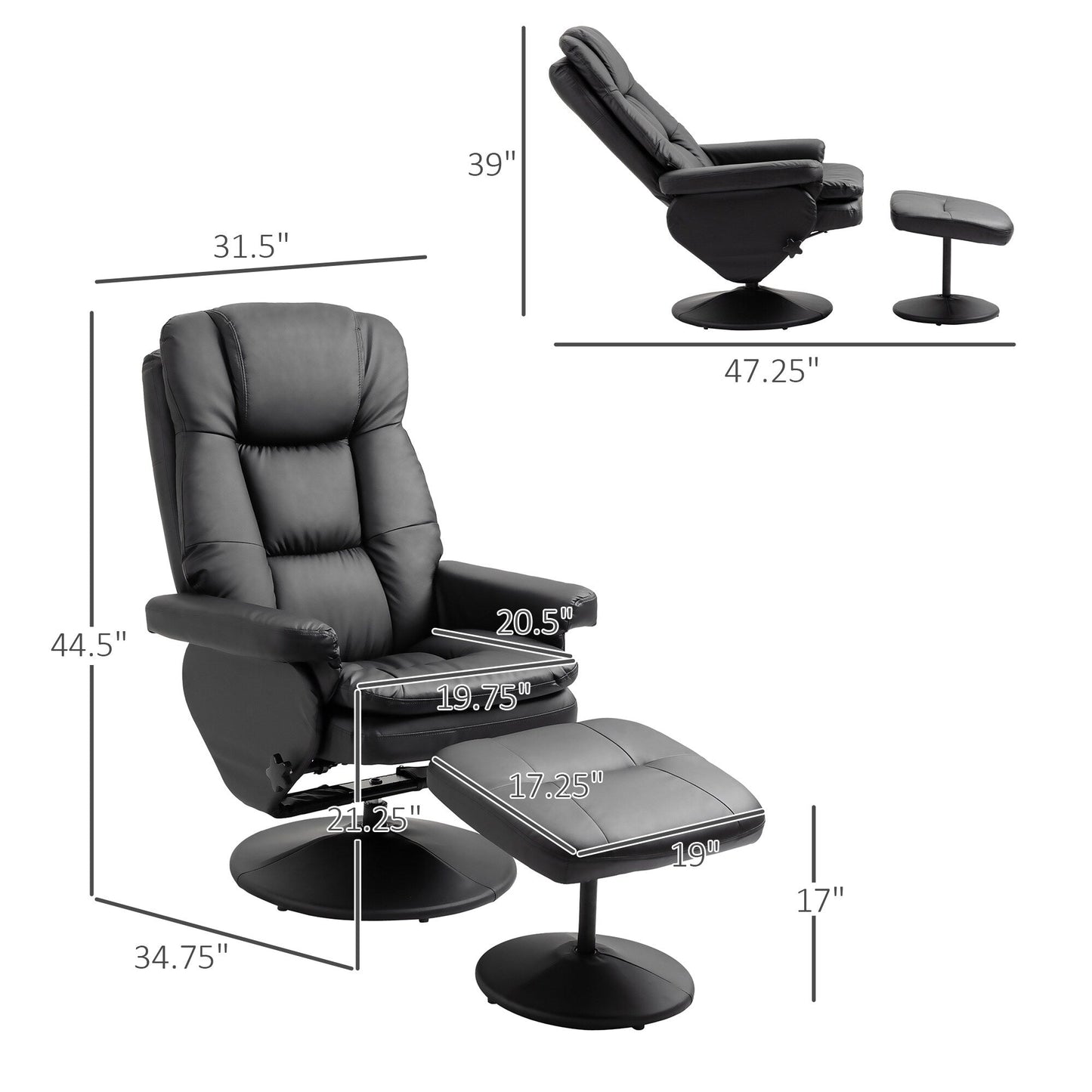 HOMCOM Recliner and Ottoman with Wrapped Base, Swivel PU Leather Reclining Chair with Footrest for Living Room