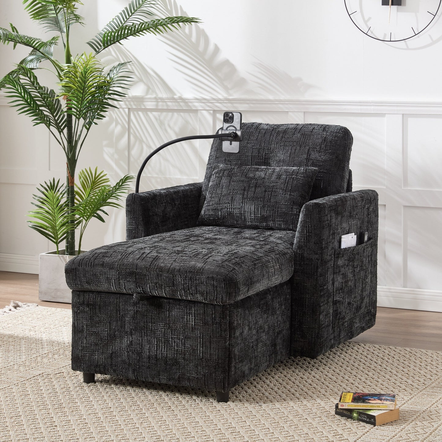 HOMEFUN Chenille Upholstered Storage Lazy Single Leisure Chair Sofa with Phone Holder