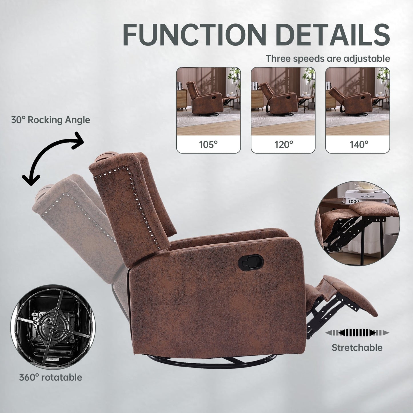 HOMEFUN Upholstered 360 Degree Swivel Rocking Recliner Chair for Bedroom,Living Room