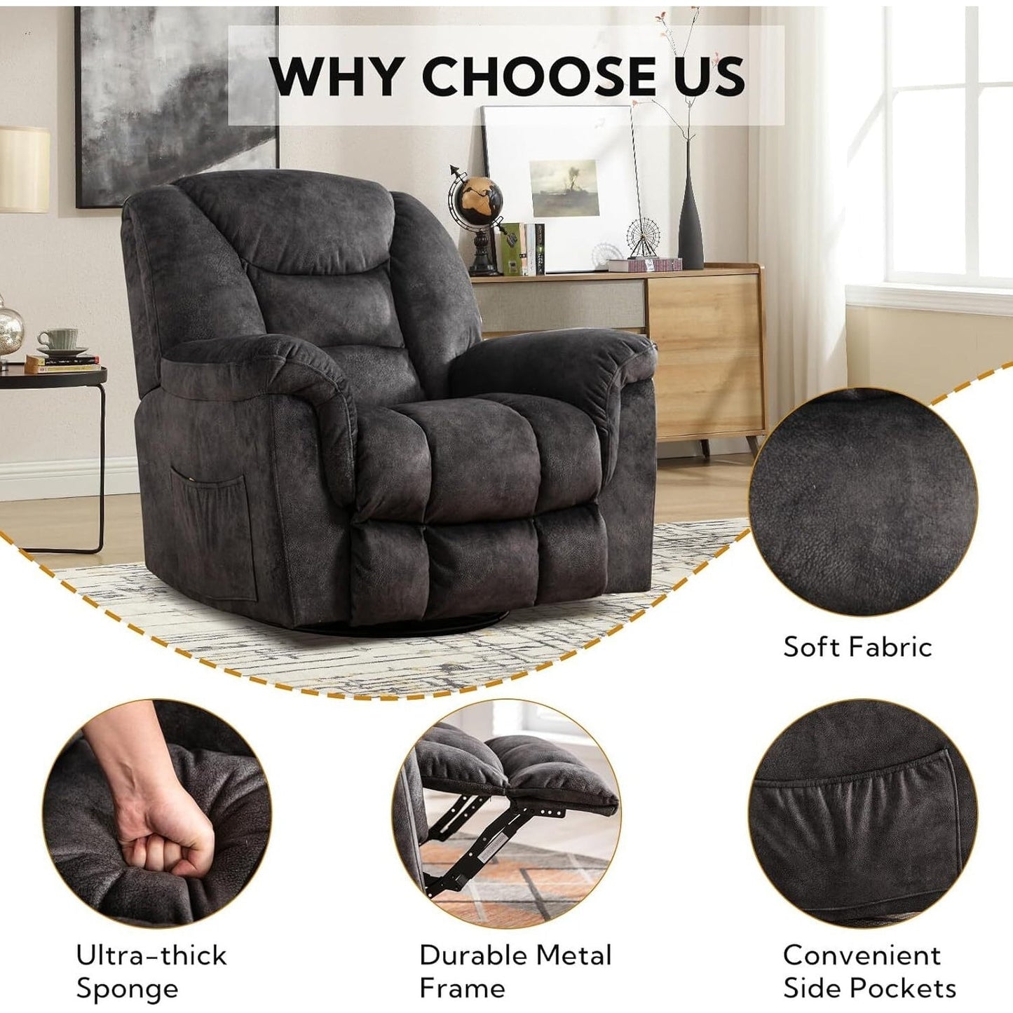 Rocker Recliner Chair Oversized Manual 360° Swivel Recliners for Living Room