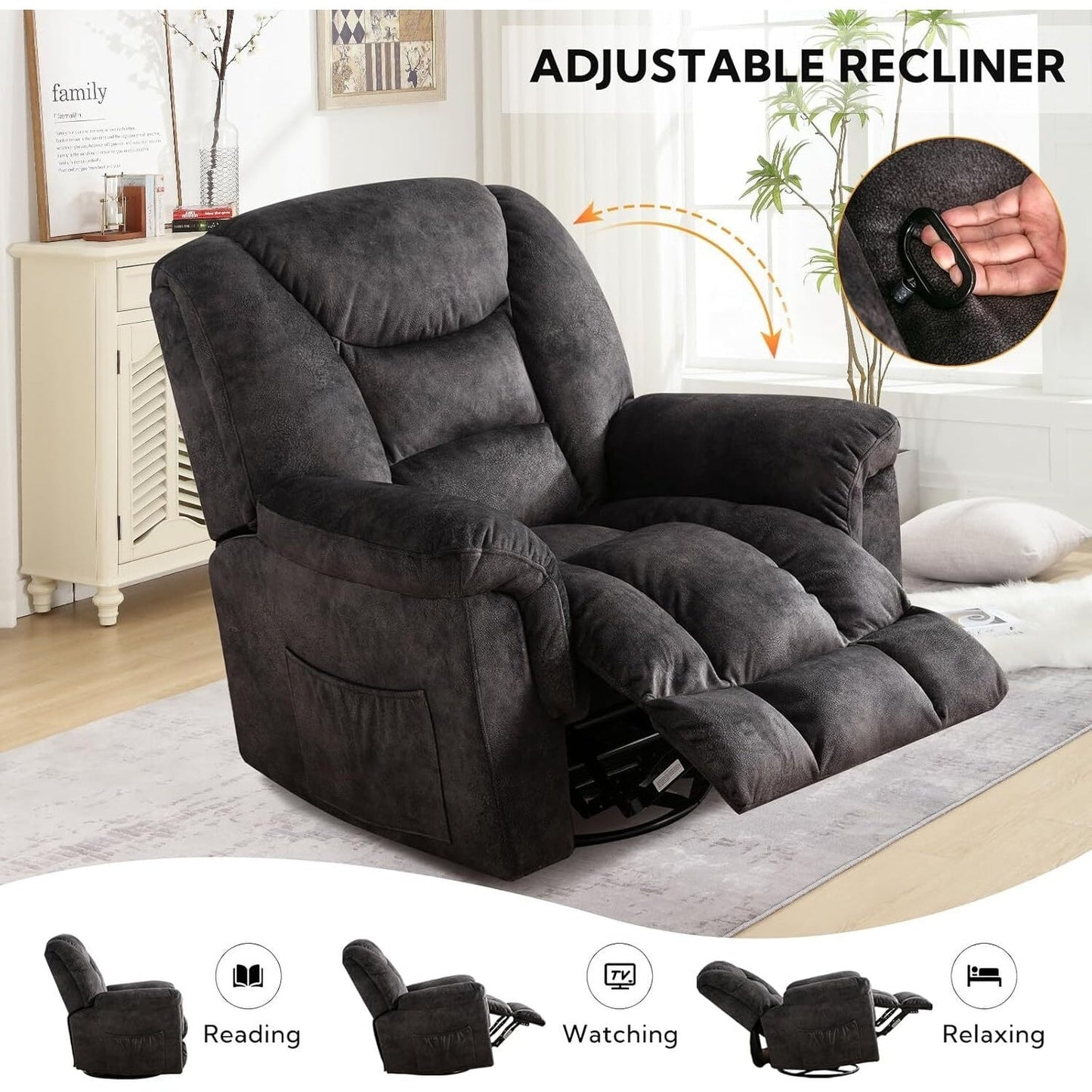 Rocker Recliner Chair Oversized Manual 360° Swivel Recliners for Living Room