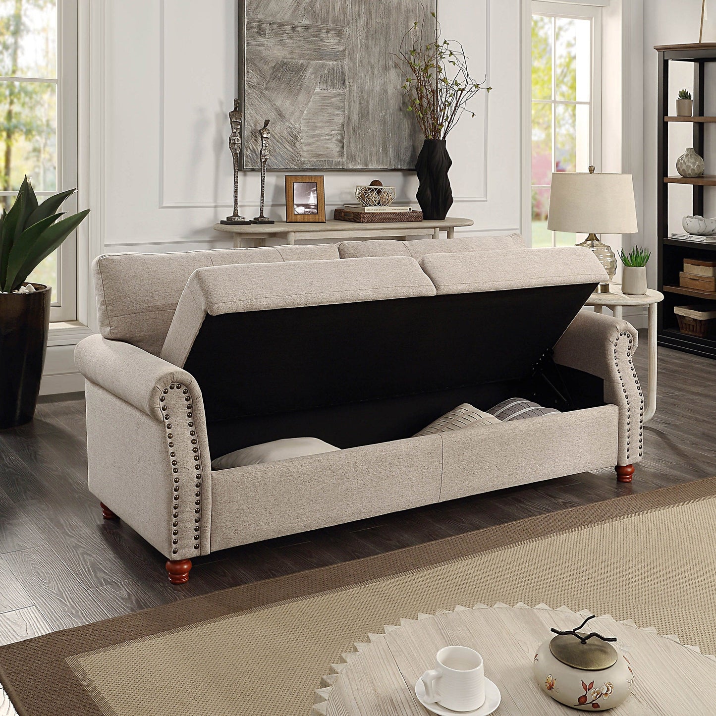 Beige Linen Fabric Upholstery Sofa with Storage - 32.28 x 79.53 x 33.47
