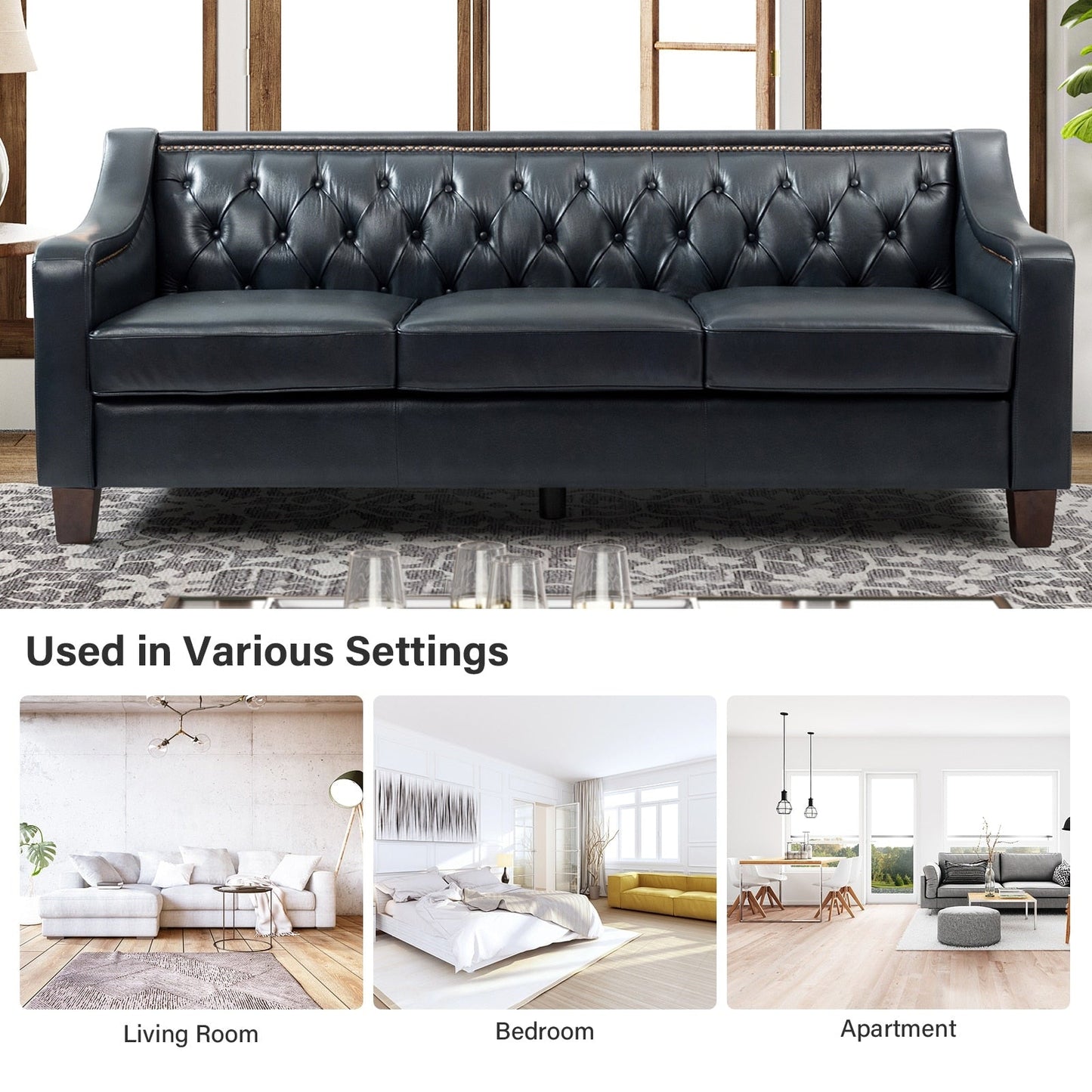 Mateo 82.28 Wide Transitional Genuine Leather Sofa with Nailhead Trim and Button-Tufted Back