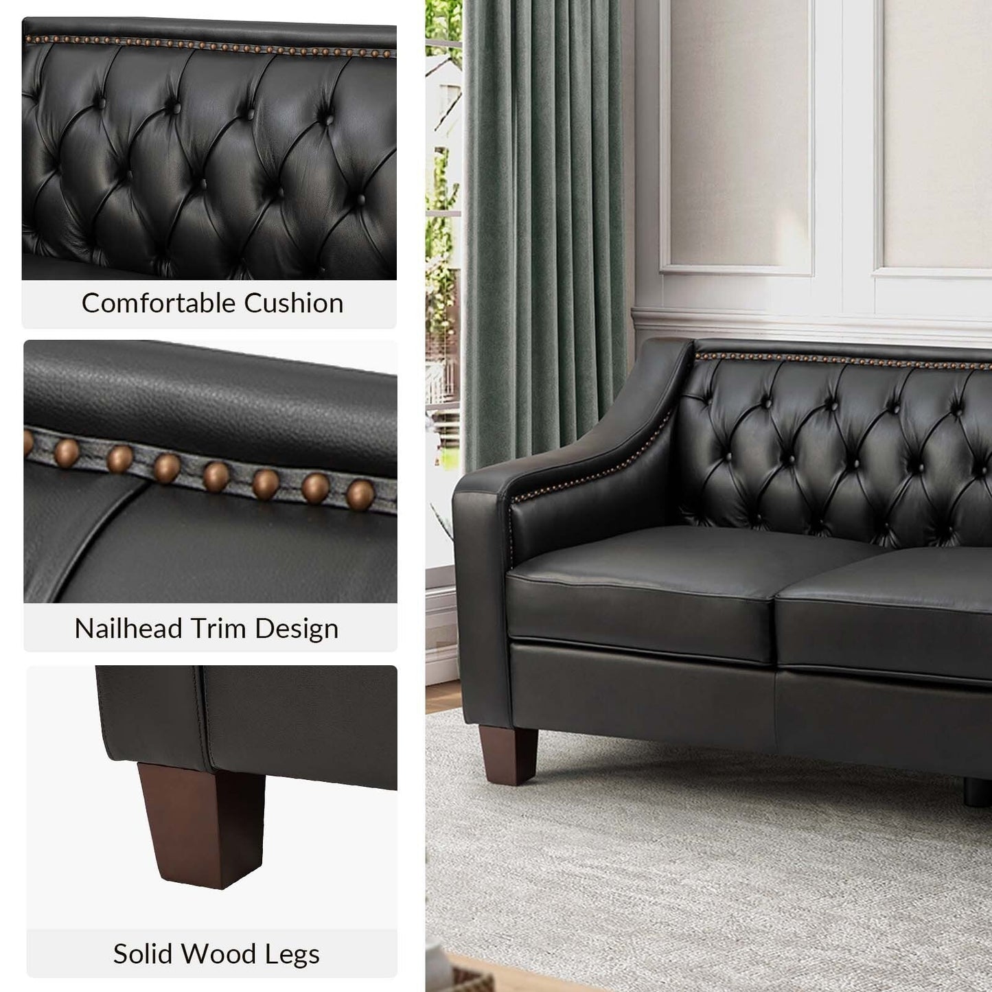 Mateo 82.28 Wide Transitional Genuine Leather Sofa with Nailhead Trim and Button-Tufted Back