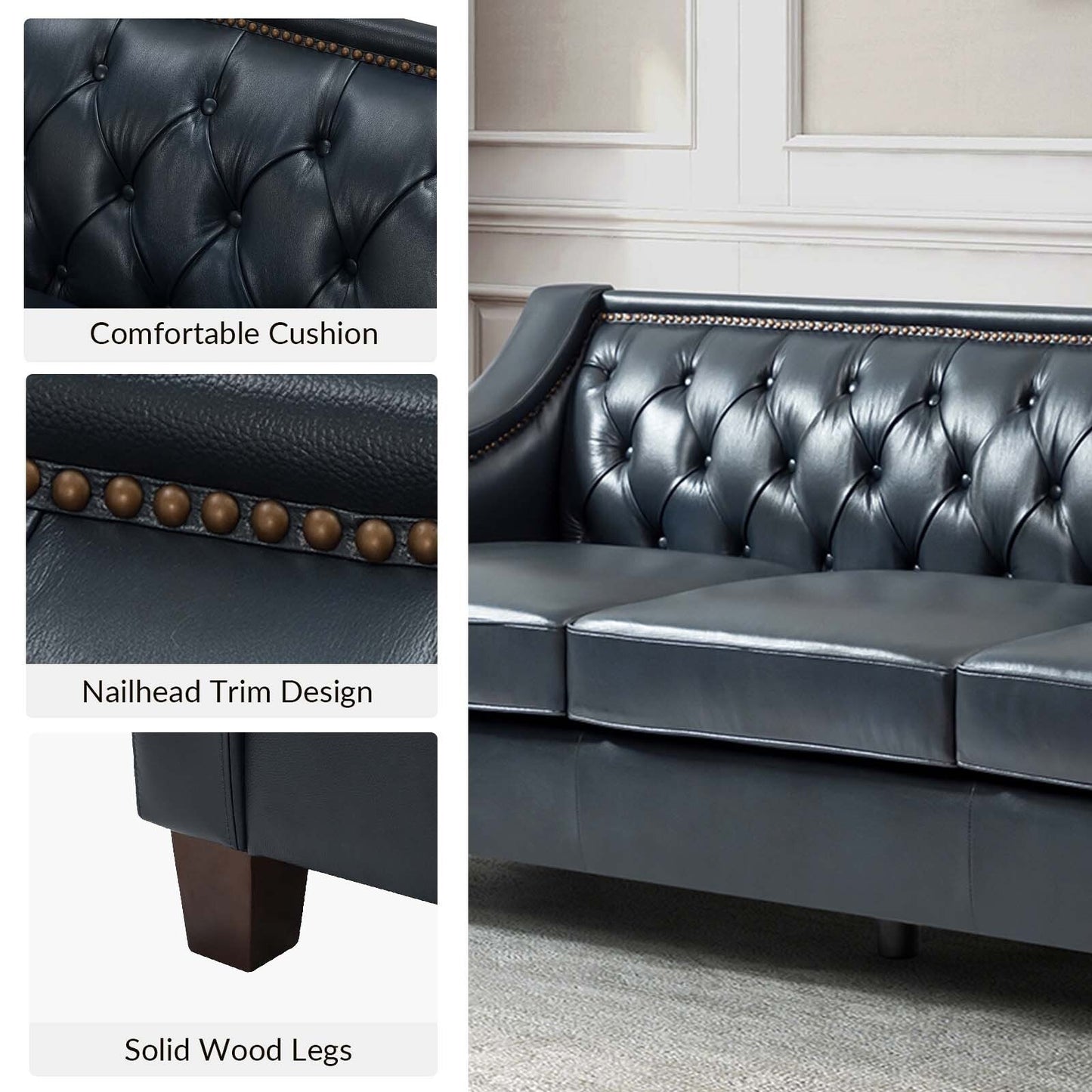 Mateo 82.28 Wide Transitional Genuine Leather Sofa with Nailhead Trim and Button-Tufted Back
