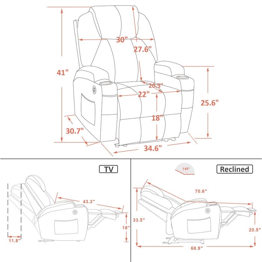 Mcombo Electric Power Recliner Chair with Massage and Heat, Faux Leather 7050