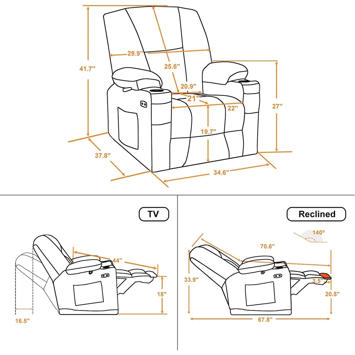 MCombo Electric Power?Recliner Chair with Massage Heat, Plush Fabric 8015