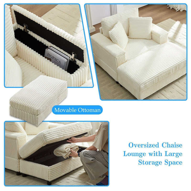 Mixoy 42ââCorduroy Chaise Lounge Chair with Storage Ottoman&Armrests,Upholstered Sleeper Reclining Chair