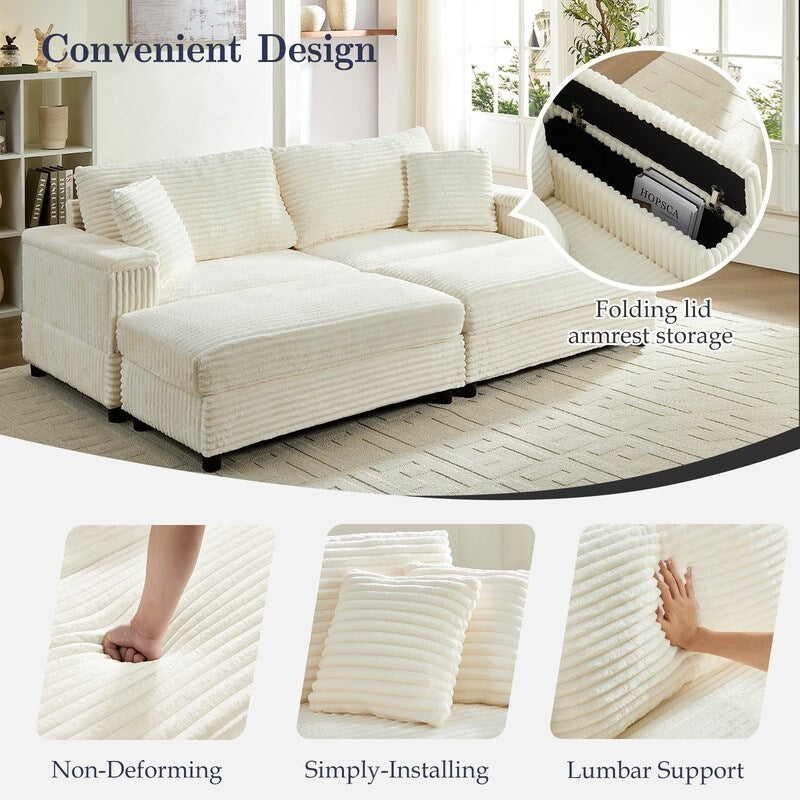 Mixoy 85ââCorduroy Loveseat Chaise Lounge with Storage Ottoman&Armrests,Upholstered 2-Seater Sleeper Reclining Chair Indoor