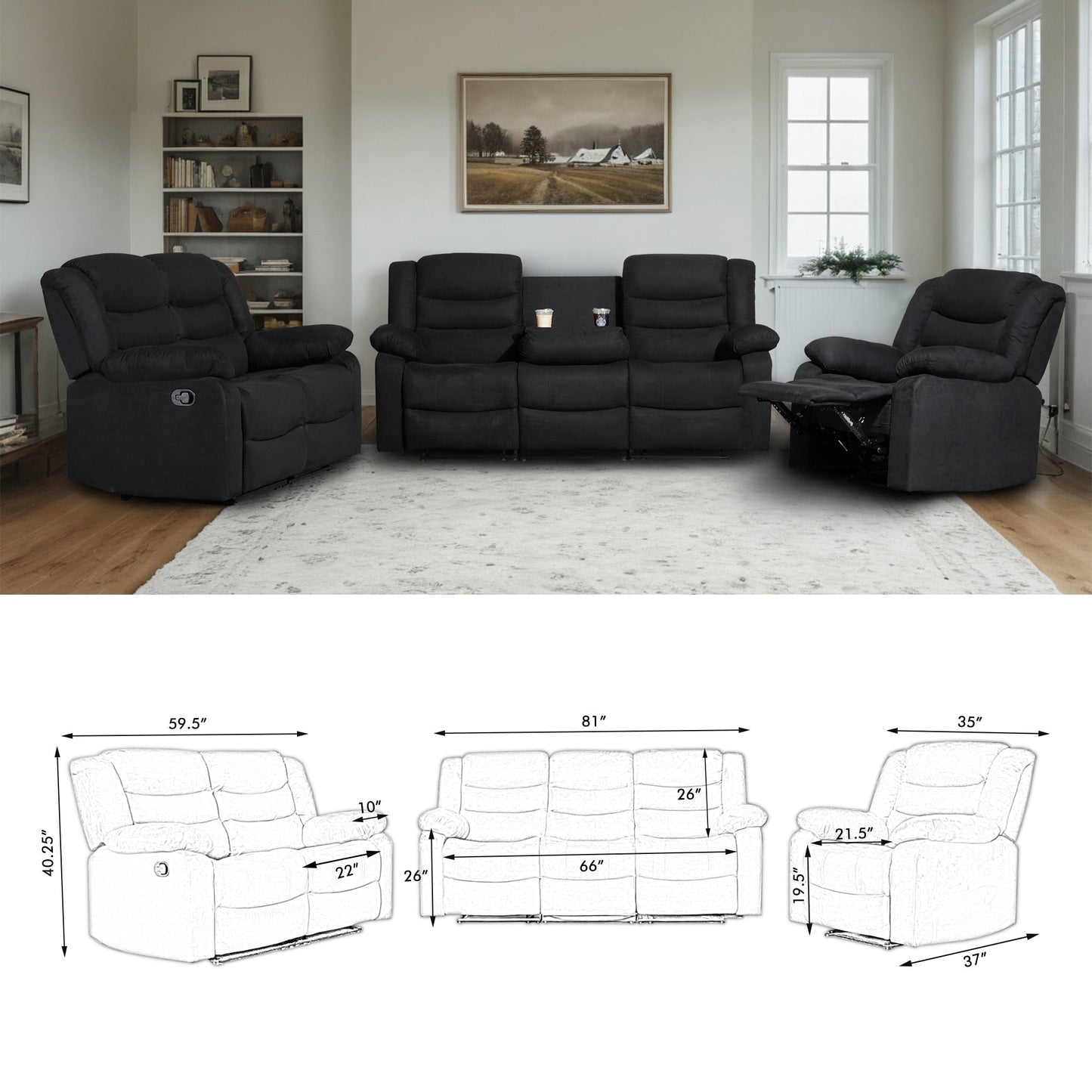 Modern 3-Piece Manual Reclining Living Room Sofa Set with Dropdown Table and Console