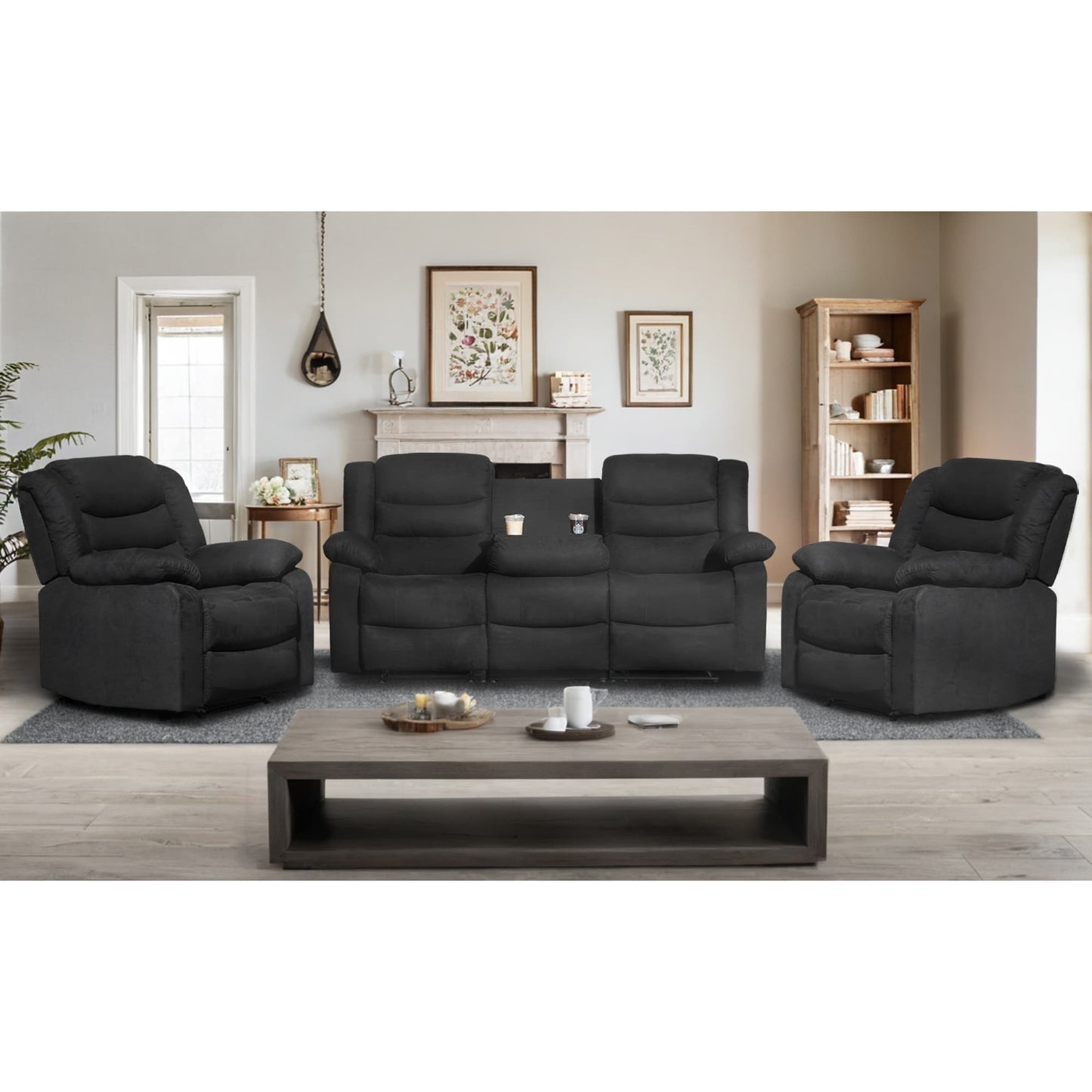 Modern 3-Piece Manual Reclining Living Room Sofa Set with Dropdown Table and Console
