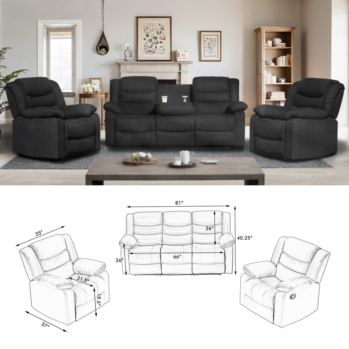 Modern 3-Piece Manual Reclining Living Room Sofa Set with Dropdown Table and Console
