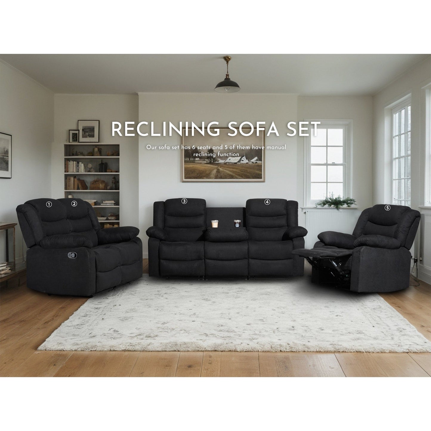 Modern 3-Piece Manual Reclining Living Room Sofa Set with Dropdown Table and Console