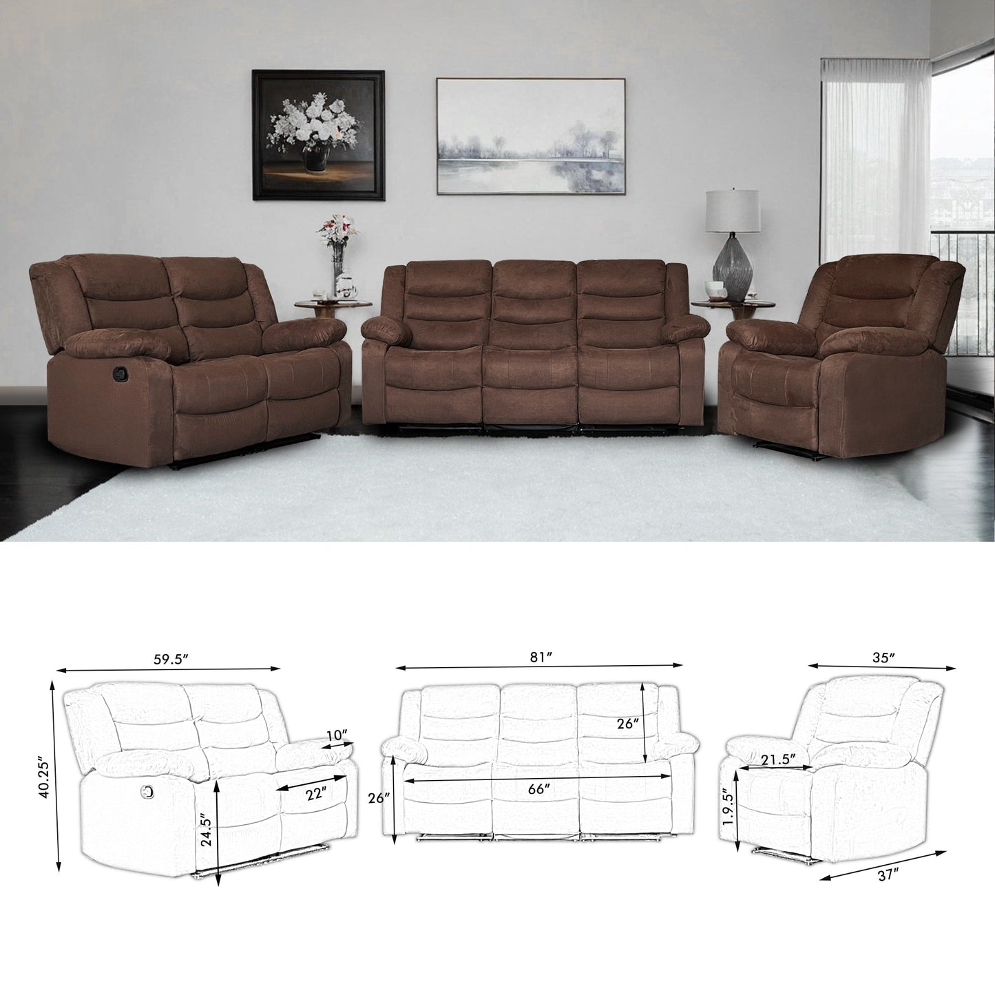 Modern 3-Piece Manual Reclining Living Room Sofa Set with Dropdown Table and Console