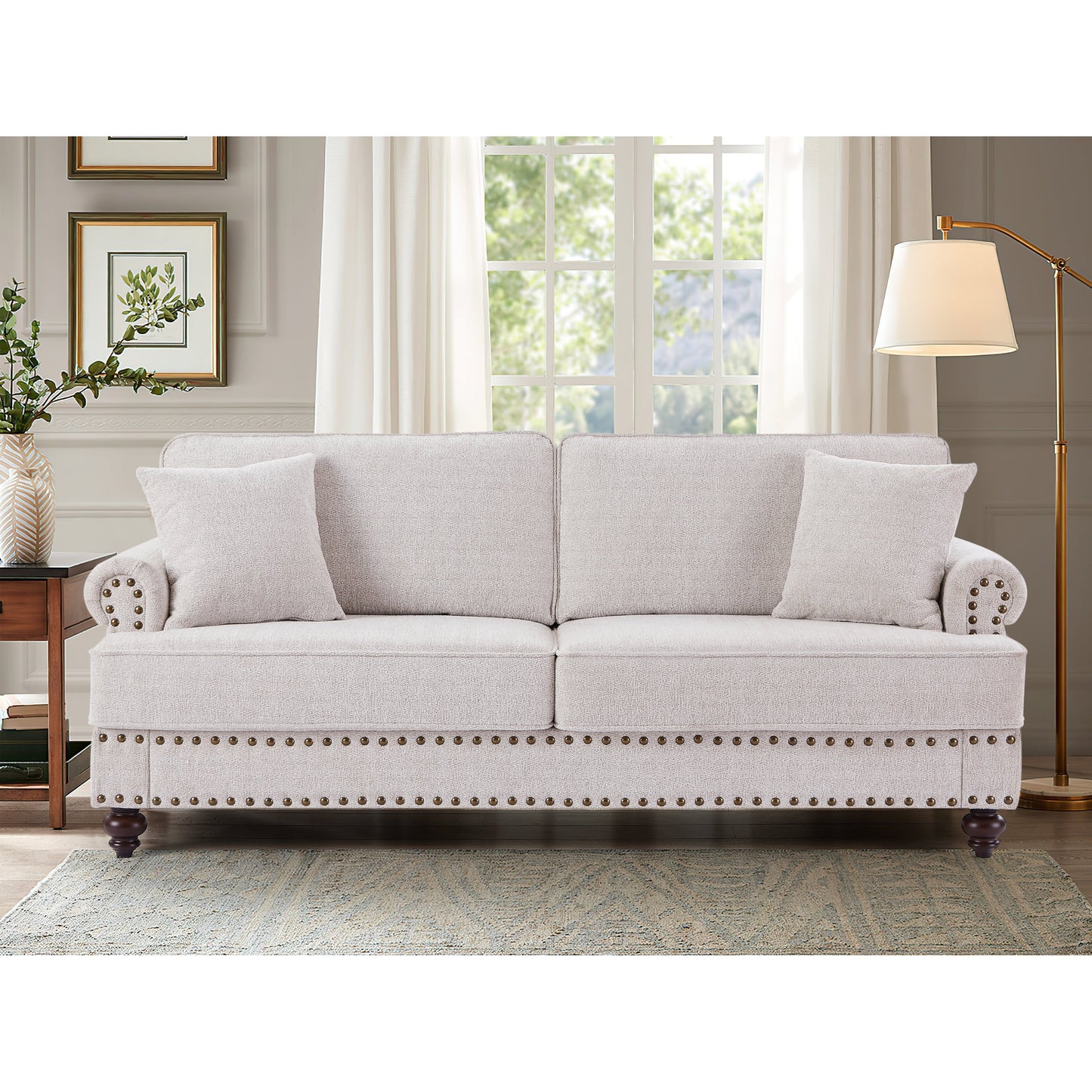 Modern Sleeper Sofa Chenille Fabric Sofa Couch with Nailhead Trim Couch and Lumbar Pillows, Rolled Arms Lounge Settee