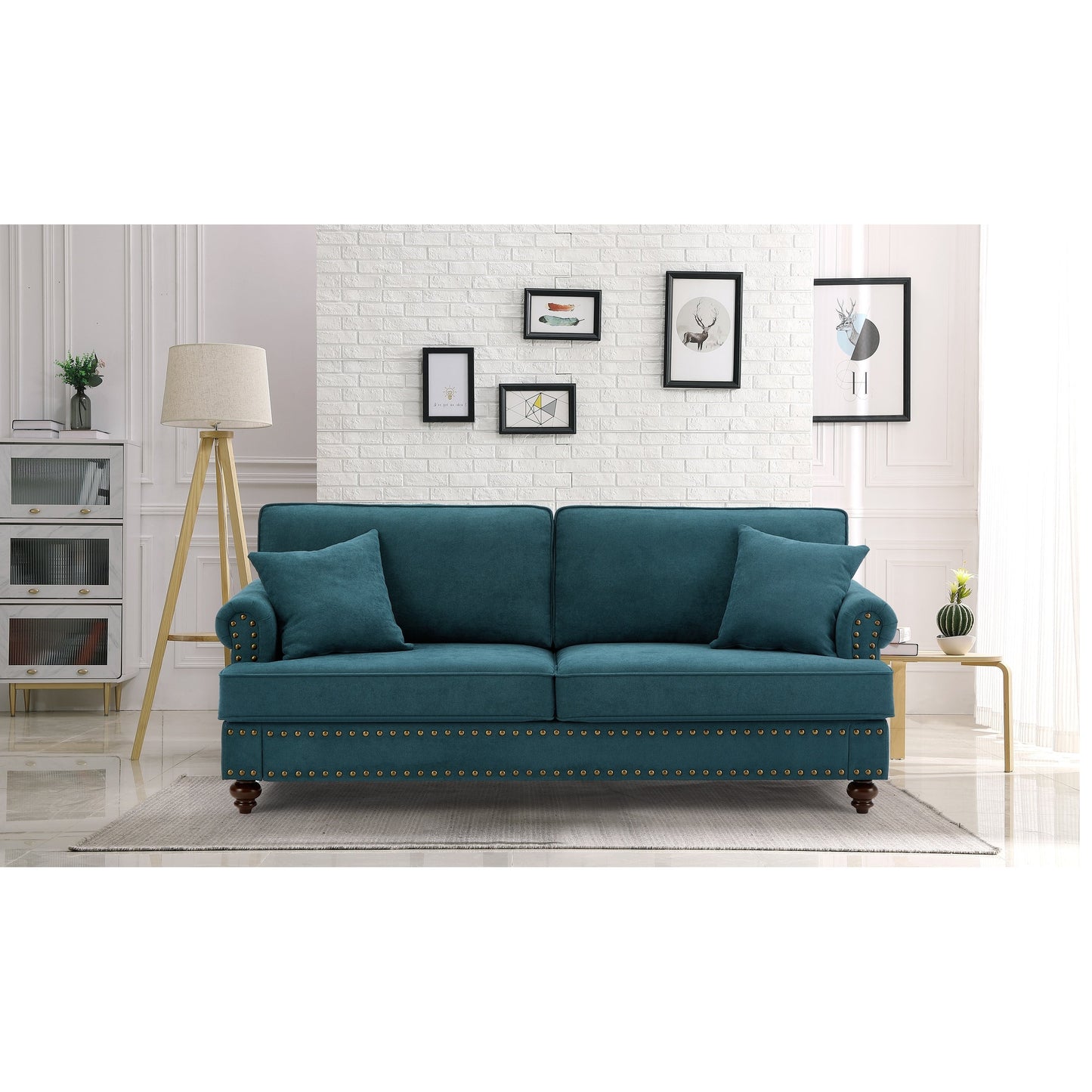 Modern Sleeper Sofa Chenille Fabric Sofa Couch with Nailhead Trim Couch and Lumbar Pillows, Rolled Arms Lounge Settee