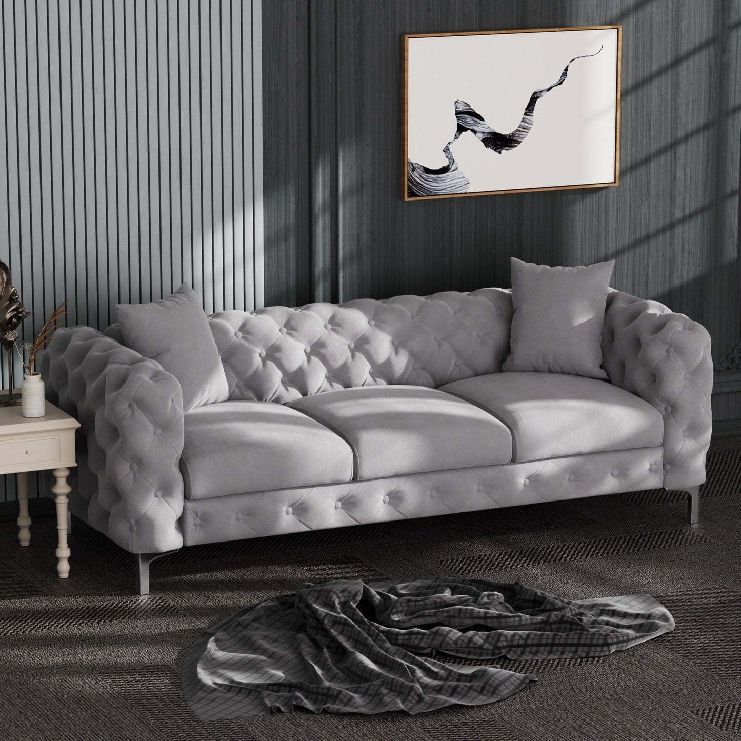 Morden Fort Modern Velvet Sofa with Button Tufted,Solid Wood Frame and Iron Legs